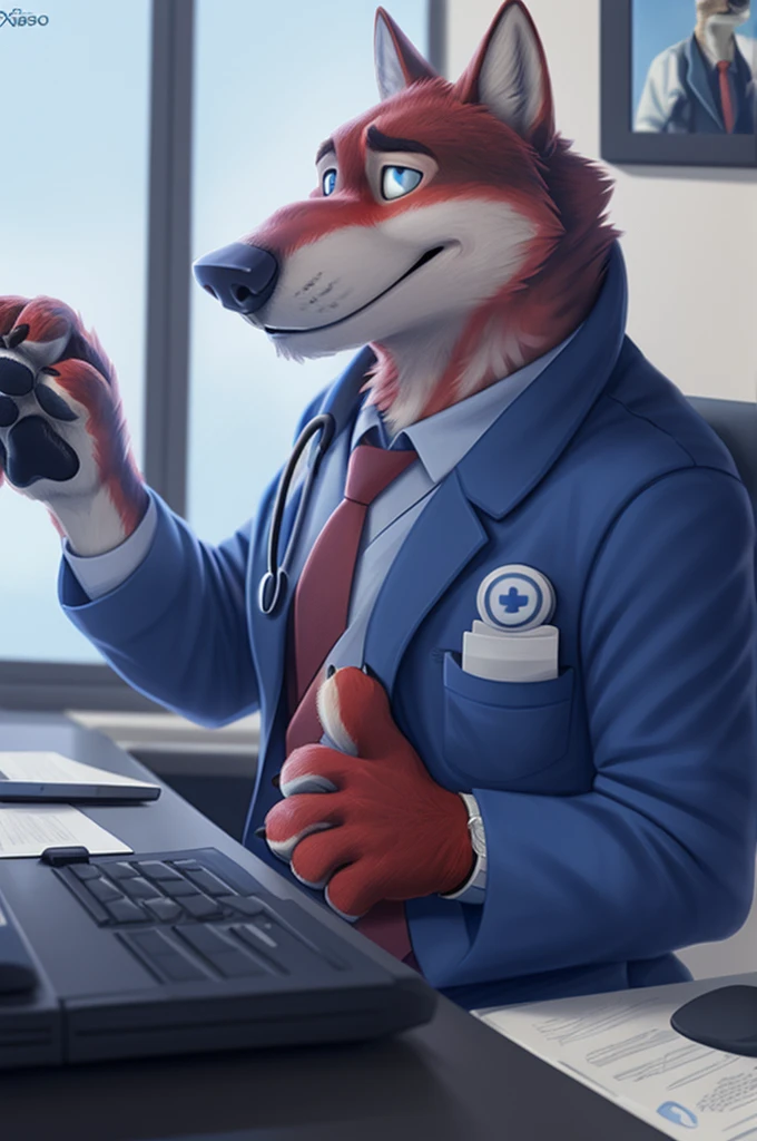 Joachim Wolfbach (Zootopia),tall handsome, wolf,young, 24 years, brown fur,(red body:1.3),Blue eyes, Moscow Dressed,red cassock, red headdress,in a medical suit,shirt,tie, BLUE, stethoscope, cardiac surgeon,canine, wolf, detailed fur, Male, antro, paw pads, finger claws,Prays, at viewer, 5 fingers, paws, 5 fingers, smile, happy, resting, wrist watch,stethoscope,looks at the monitors, т nextel, sitting in his office at home, by xenoforge, (difficult, high detail, digital, photo, soft focus, RAW, pilot by training,ulba,tender, very kind, sincere, advises, patient,
photorealism, realistic, photorealistic, analog style, subsurface scattering,
masterpiece, Best quality, ultra realistic, 8 K)
