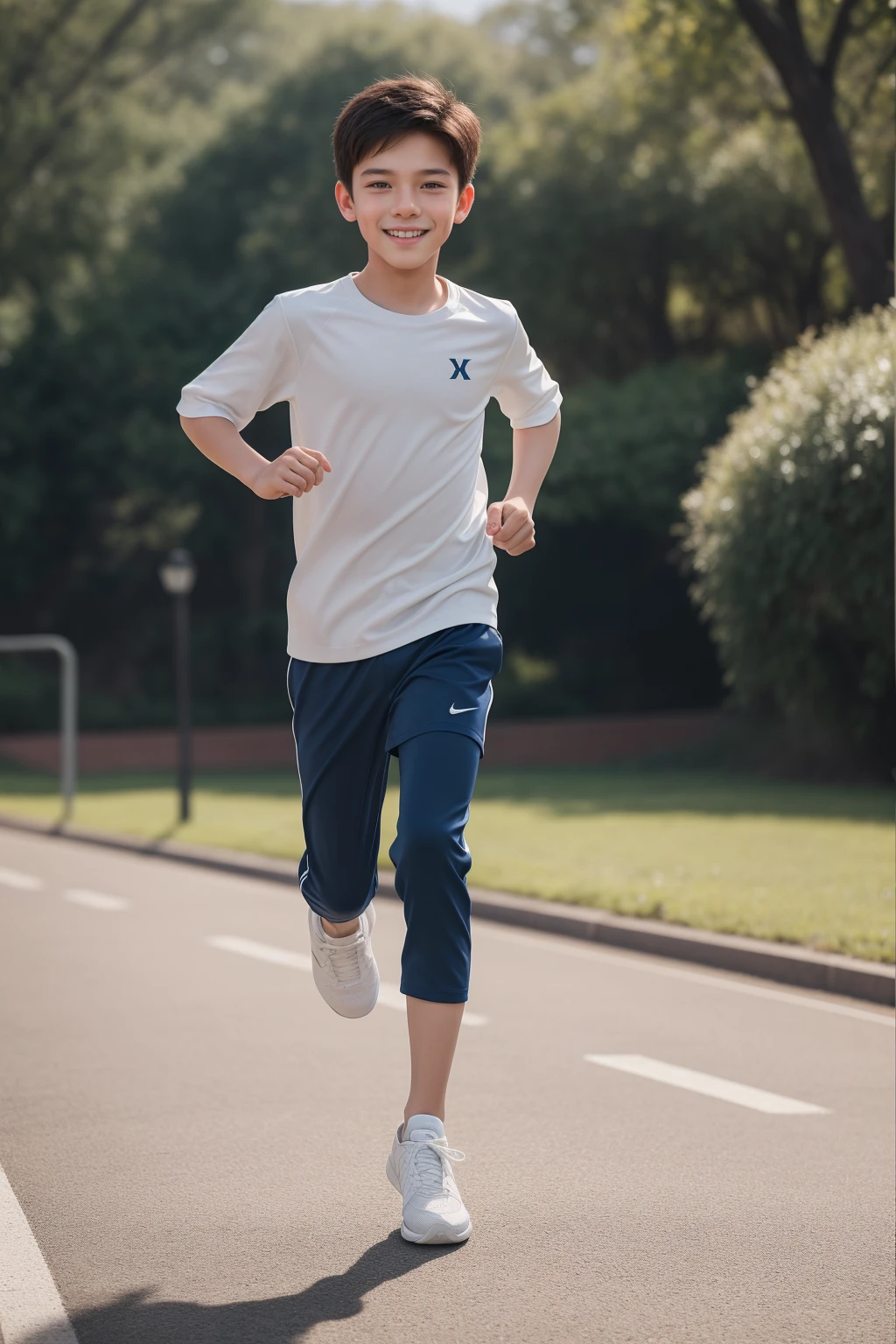 12-year-old boy,Smile,Spread your white and slender legs,jogging,full body,8K facial features are exquisite,Handsome boyish feeling,8k,masterpiece,((best quality)),photography,photograph