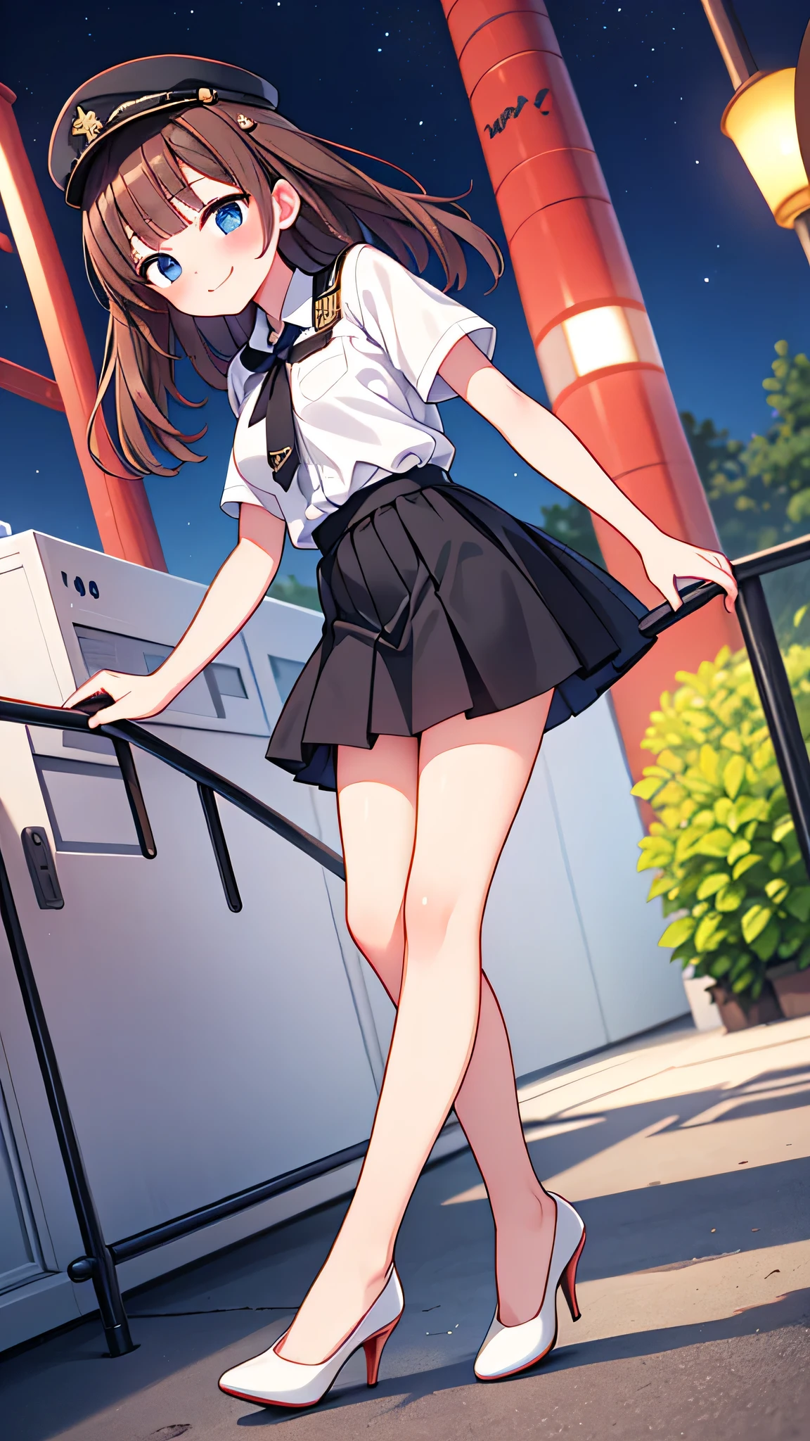 {Highest quality}, {Super beautiful},{Ultra fine},{Best illustration},Brown Hair,Hime cut,semi-long,Bangs,Standing Woman,Uniform cap,White Shirt,Short sleeve,Long black skirt,Night Park,Embarrassed,smilingly,Blushing,Slender women, A woman wearing plain black pumps,Bare feet and pumps,From an angle,From above,Raise one leg