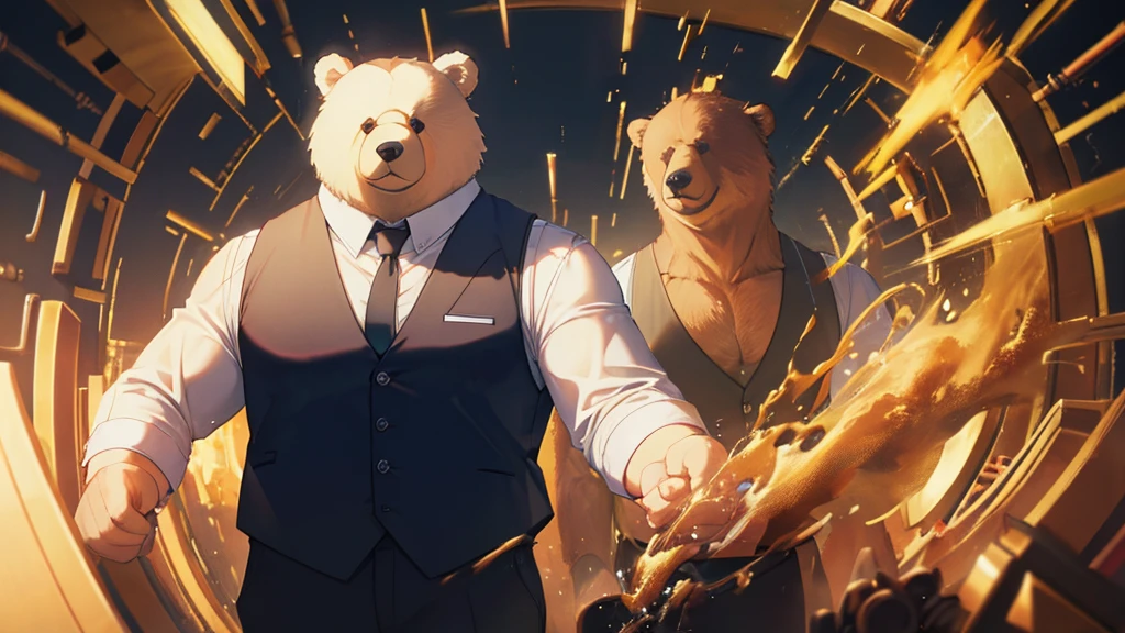 Cartoon Bear、Anthropomorphic Bear、Big body、Black vest、shirt、tie、Pouring coffee, Surrealism, UHD, accurate, anatomically correct, super detail, best quality, highres, 8k