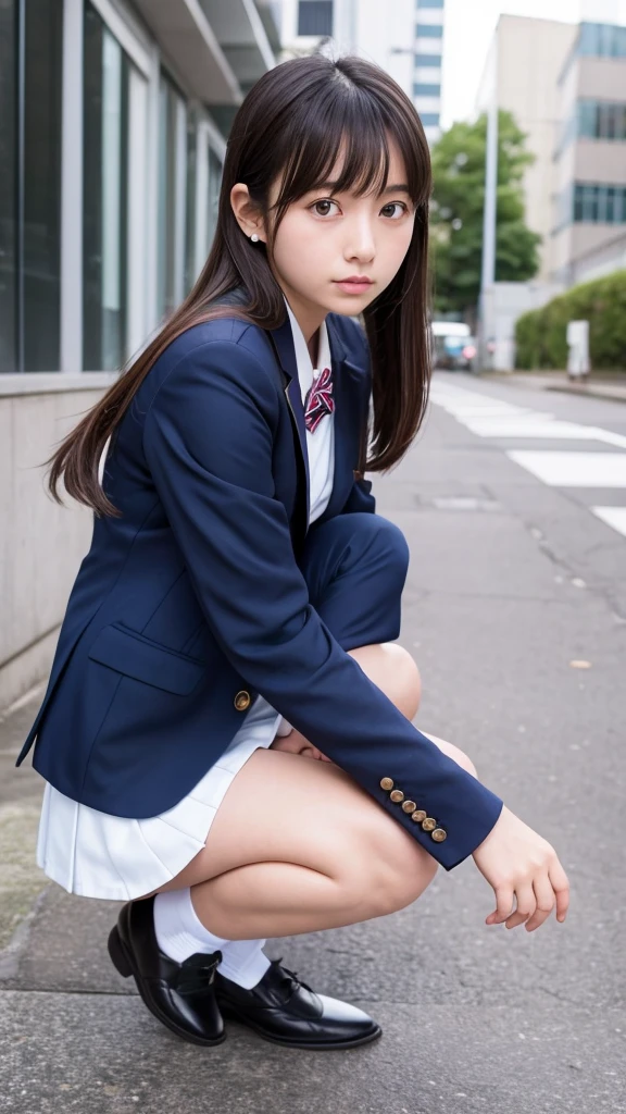 Japanese 18 year old high school girl、Navy blue blazer uniform、Azuki bean check pattern mini skirt、Crouching