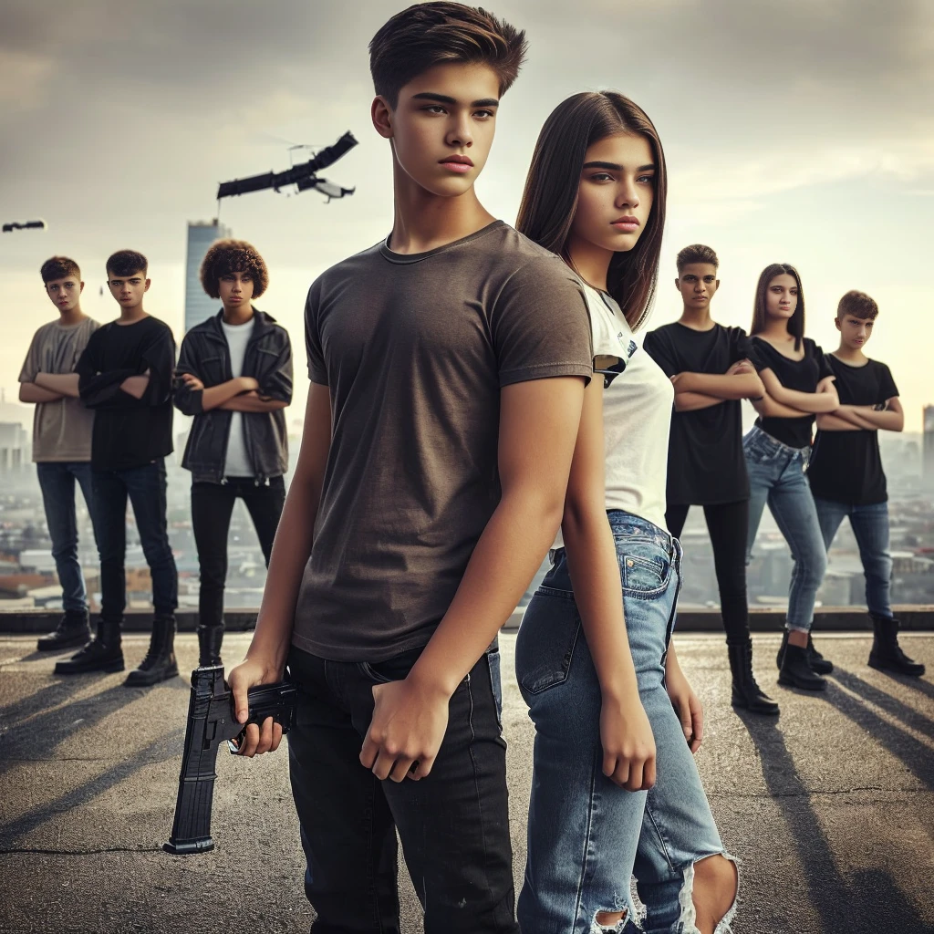 a handsome and serious 15 years old teenager, wearing t-shirt, jeans and black army boots with a New Caliber, Glock G44 in hand stands back to back with a beautiful teenage girl. A group of teenagers stands behind them. In the background, we see they’re standing on a rooftop with a city stretching behind them