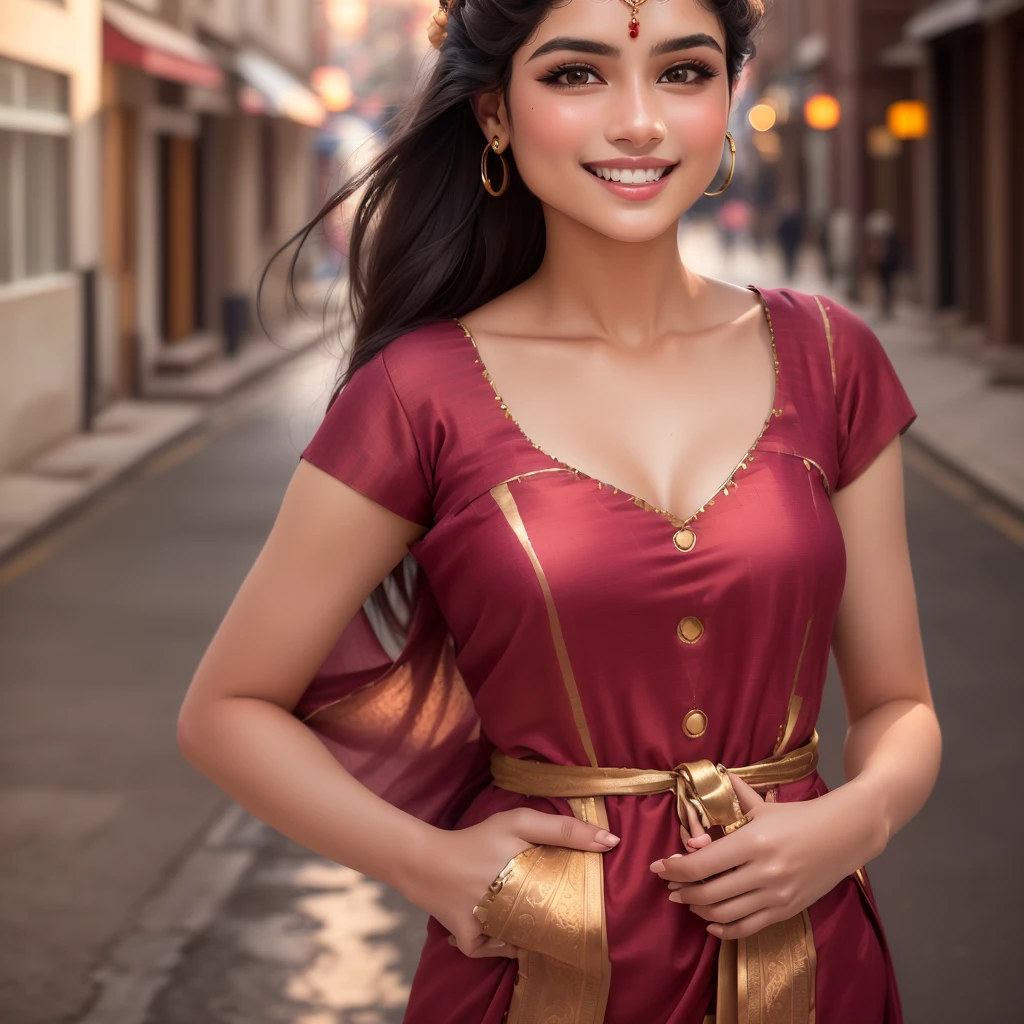 a woman in a churidar dress standing on a sidewalk, simple dress, indian, indian girl with fair skin, mid shot portrait, casual pose, with a seductive smile, close up portrait shot, close - up portrait shot, close body shot, closeup portrait shot, a cute young woman, elegant smiling pose, beautiful model, 