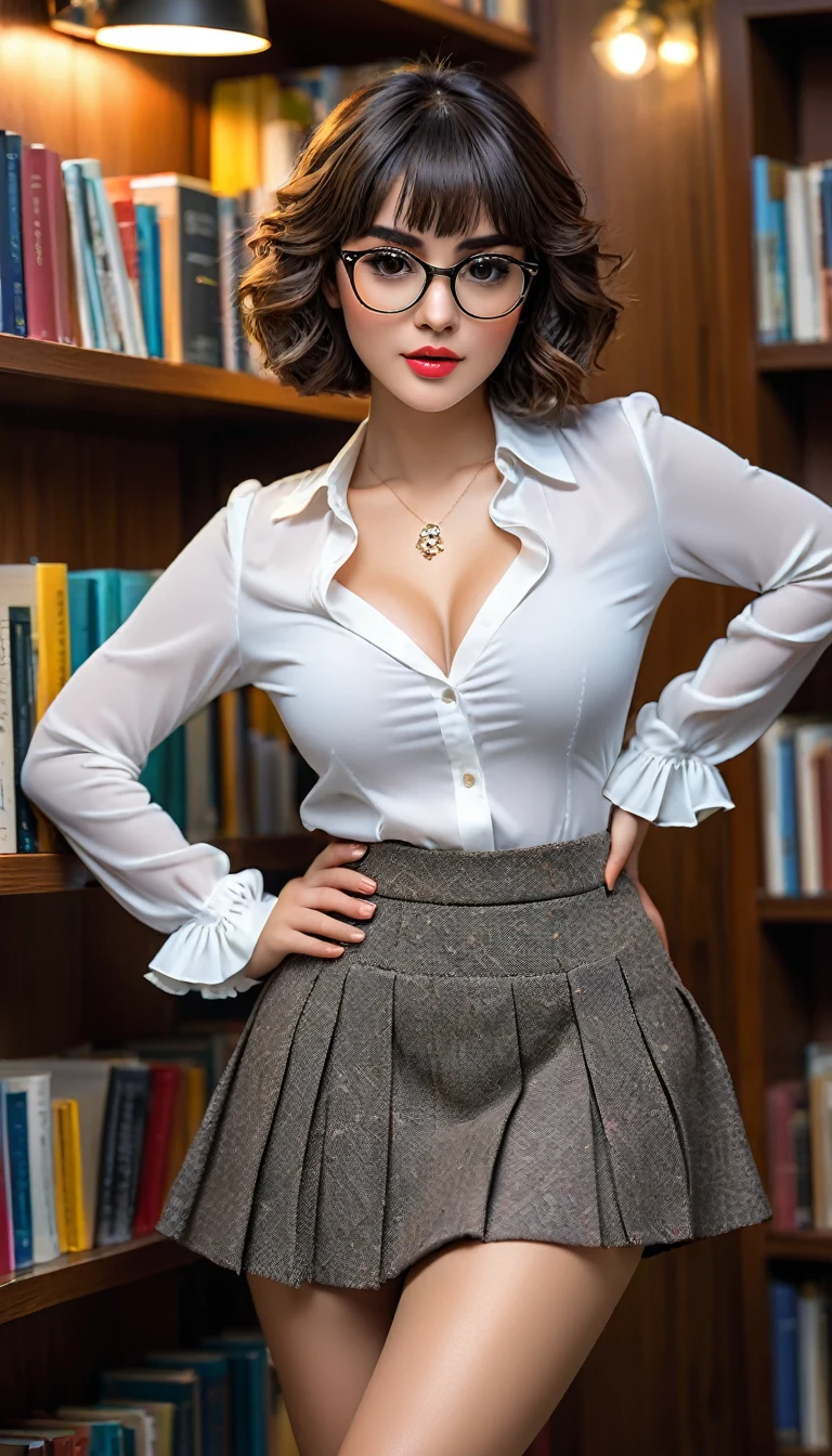 (((beautiful beautiful Isabela Merced, posing for uploadss, looking sexy, ruffled lips, Cabelo curto e curly, extremely pretty eyes))), ((wearing floral silver necklace)), realistic uploadsgraph, highy detailed, Foco do pointed, (Main lighting), (indoor bookstore environment), artwork, extremely pretty, Perfect beauty, (perfect shape body, Broad Hips, small waist, thick-thighs, firm abs, Body cute, knees, knees, focus on the knees, breasts small), cabelo curto com franja, short hair with bangs covering the forehead, cabelo curto com franja ((((short hair with bangs covering the forehead)))), ((30 years old)), (extremely detaild 8k wallpaper), ((face detailed)), (((wearing  white shirt, microsaia curta de tweed, knees, knees, very short skirt)), (long dark eyelashes), (looking at the camera), (((cleavage))), (glamor model), (seductive facial expression) (((standing between high shelves full of books))), extremely detaild, artwork, Intricate details, highy detailed, Foco do pointed, skin detailed, realistic skin texture, texture, detailedeyes, high resolution, kodak vision color, uploads_\(ultra\), Post-processing, maximum detail, roughness, real-life, ultra realistic, uploadsrealism, uploadsgraphy, absurderes, RAW uploads, highest quallity, high detail RAW color uploads, professional uploads, extremely detaild UHD 8k wallpaper unit, best quality, high resolution, (artwork, maximum quality, high resolution:1.4), uploads, cinematic, film grain, pointed, soft natural light, magic uploadsgraphy, super verbose, ((whole body: legs 1.3)), librarian glasses, nerd glasses, ((pleated miniskirt: miniskirt 1.3)), unbuttoned blouse with cleavage, bellybutton, navel, cleavage
