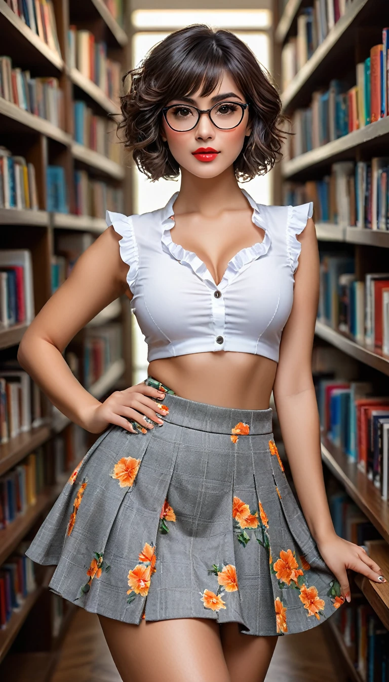 (((beautiful beautiful Isabela Merced, posing for uploadss, looking sexy, ruffled lips, Cabelo curto e curly, extremely pretty eyes))), ((wearing floral silver necklace)), realistic uploadsgraph, highy detailed, Foco do pointed, (Main lighting), (indoor bookstore environment), artwork, extremely pretty, Perfect beauty, (perfect shape body, Broad Hips, small waist, thick-thighs, firm abs, Body cute, knees, knees, focus on the knees, breasts small), cabelo curto com franja, short hair with bangs covering the forehead, cabelo curto com franja ((((short hair with bangs covering the forehead)))), ((30 years old)), (extremely detaild 8k wallpaper), ((face detailed)), (((wearing white shirt, microsaia curta de tweed, knees, knees, very short skirt)), (long dark eyelashes), (looking at the camera), (((cleavage))), (glamor model), (seductive facial expression) (((standing between high shelves full of books))), extremely detaild, artwork, Intricate details, highy detailed, Foco do pointed, skin detailed, realistic skin texture, texture, detailedeyes, high resolution, kodak vision color, uploads_\(ultra\), Post-processing, maximum detail, roughness, real-life, ultra realistic, uploadsrealism, uploadsgraphy, absurderes, RAW uploads, highest quallity, high detail RAW color uploads, professional uploads, extremely detaild UHD 8k wallpaper unit, best quality, high resolution, (artwork, maximum quality, high resolution:1.4), uploads, cinematic, film grain, pointed, soft natural light, magic uploadsgraphy, super verbose, ((whole body: legs 1.3)), librarian glasses, nerd glasses, ((pleated miniskirt: miniskirt 1.3)), unbuttoned blouse with cleavage, bellybutton, navel, cleavage