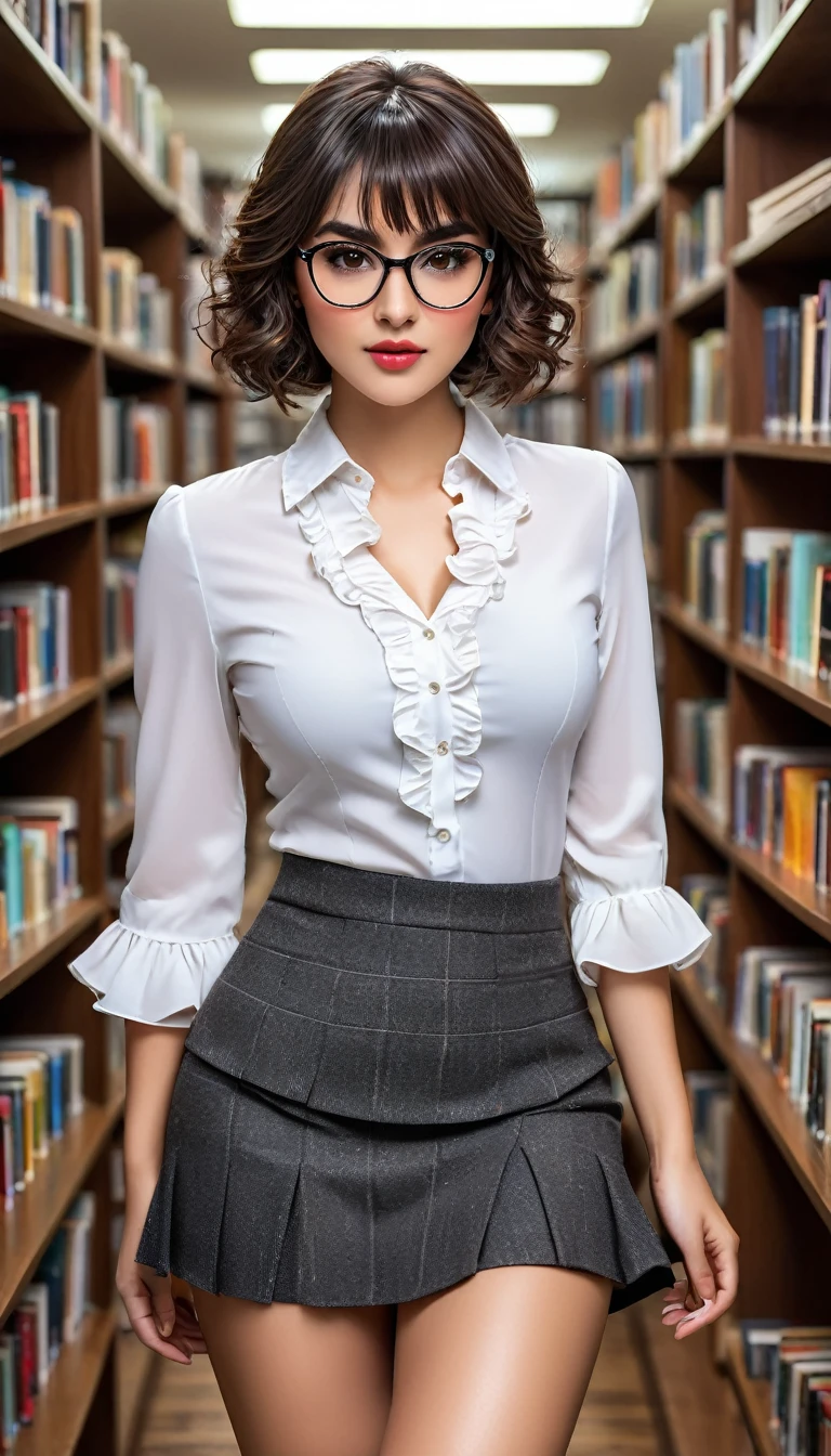 (((beautiful beautiful Isabela Merced, posing for uploadss, looking sexy, ruffled lips, Cabelo curto e curly, extremely pretty eyes))), ((wearing floral silver necklace)), realistic uploadsgraph, highy detailed, Foco do pointed, (Main lighting), (indoor bookstore environment), artwork, extremely pretty, Perfect beauty, (perfect shape body, Broad Hips, small waist, thick-thighs, firm abs, Body cute, knees, knees, focus on the knees, breasts small), cabelo curto com franja, short hair with bangs covering the forehead, cabelo curto com franja ((((short hair with bangs covering the forehead)))), ((30 years old)), (extremely detaild 8k wallpaper), ((face detailed)), (((wearing white shirt, microsaia curta de tweed, knees, knees, very short skirt)), (long dark eyelashes), (looking at the camera), (((cleavage))), (glamor model), (seductive facial expression) (((standing between high shelves full of books))), extremely detaild, artwork, Intricate details, highy detailed, Foco do pointed, skin detailed, realistic skin texture, texture, detailedeyes, high resolution, kodak vision color, uploads_\(ultra\), Post-processing, maximum detail, roughness, real-life, ultra realistic, uploadsrealism, uploadsgraphy, absurderes, RAW uploads, highest quallity, high detail RAW color uploads, professional uploads, extremely detaild UHD 8k wallpaper unit, best quality, high resolution, (artwork, maximum quality, high resolution:1.4), uploads, cinematic, film grain, pointed, soft natural light, magic uploadsgraphy, super verbose, ((whole body: legs 1.3)), librarian glasses, nerd glasses, ((pleated miniskirt: miniskirt 1.3)), unbuttoned blouse with cleavage, bellybutton, navel, cleavage