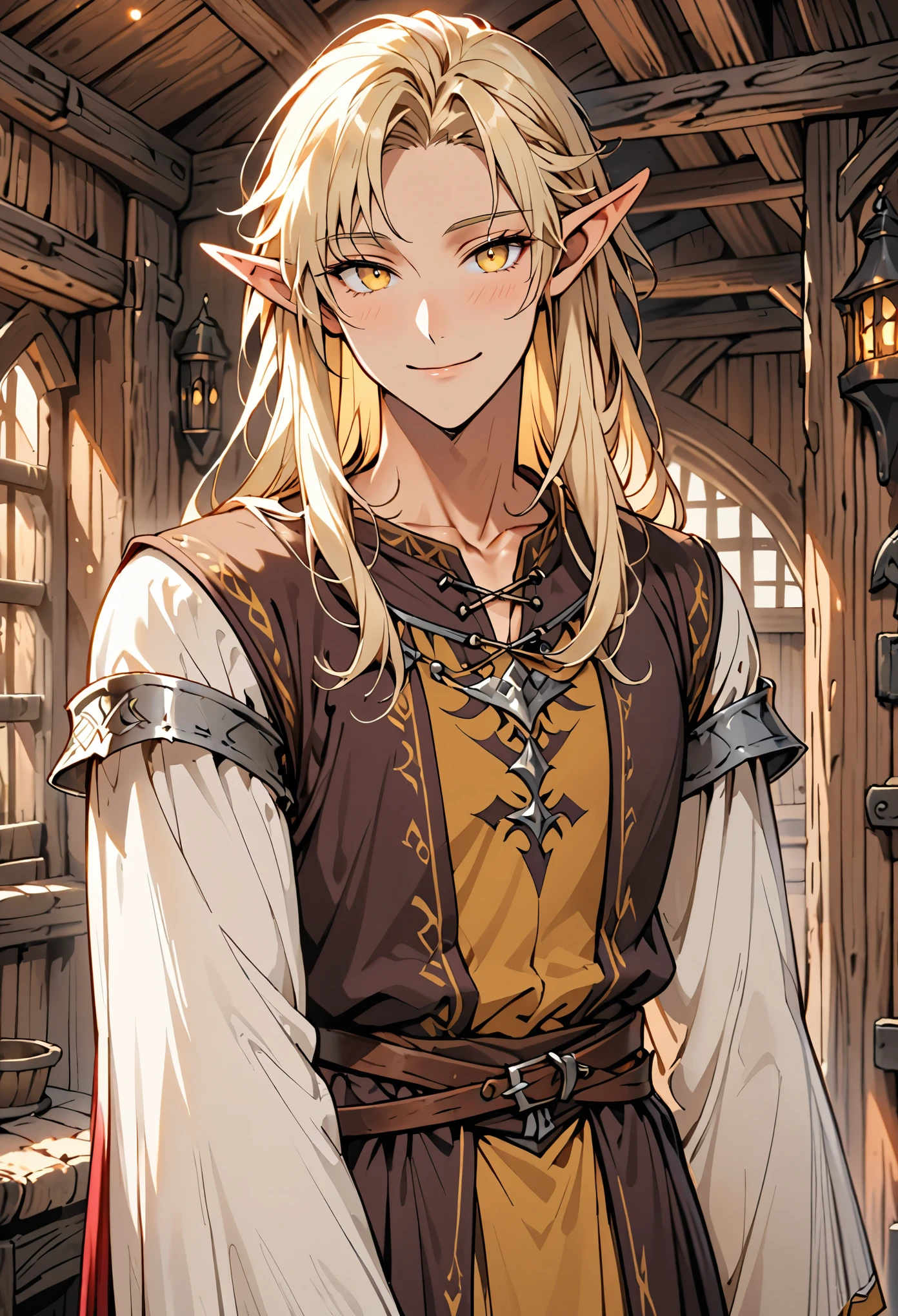 male, solo, very tall, large, slim waist, fit, long luscious blonde hair, yellow eyes, elf, light tan skin, broad shoulders, clean shaven, blush, cabin indoors, abs, medieval clothes, young feminine male, smile, shy pose