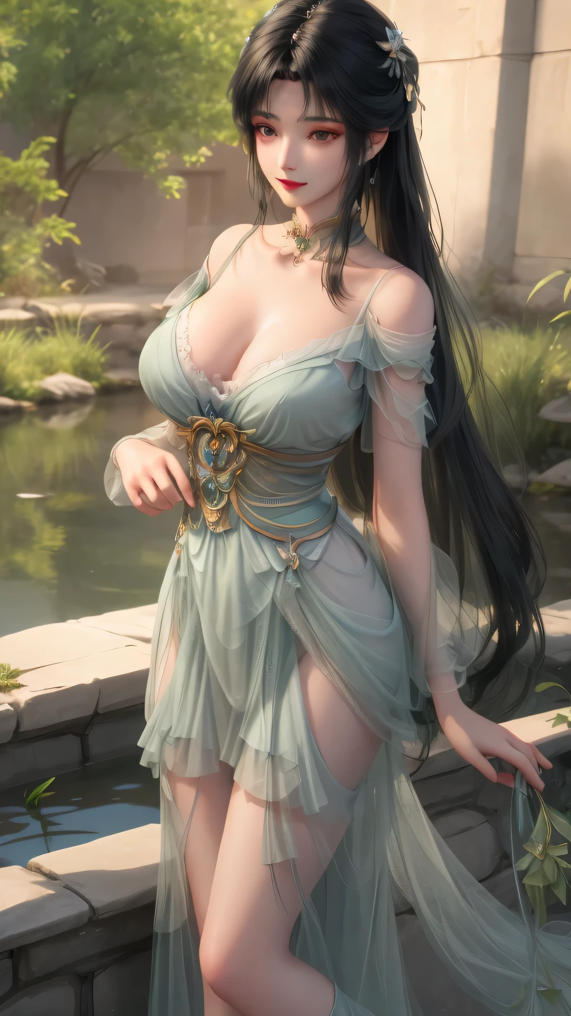 a girl,Light Particles, Halation, (Bioluminescence:0.95), Bioluminescence, Harsh light, Energetic, (((rich and Farbeful))), Farbe, (glowing, glow),Ancient Customs, Wind Blow, flowering, pond, night, moon relection in the pond, reflected light, Depth of Field, From the back, multiple views, delicated best quality ,masterpiece, illustration, Extremely delicate and beautiful, Extremely detailed ,CG ,Unite ,8k wallpaper, Astonishing, Fine details, masterpiece,best quality,Official Art,Extremely detailed CG Unite 8k wallpaper,absurdes, incredibly absurdes, Huge file size , Extremely detailed, high resolution, Extremely detailed,Beautiful and delicate girl, Extremely detailed eyes and face, Beautiful and delicate eyes,There is light on the face,1 Girl, (excellent realistic), (Black Hair), (Hair covering one eye), (Single braid hair), (rainbow eyes), ((Hair accessories)), ((Jewelry)), (hair Jewelry), (((Describe the arm in detail))), (((excellent ))), ((Breast sagging)), ((full body)), (thigh), ((full )),, (Detailed description of hair), ((Upper Body)), (Bare shoulders), ((clavicle)), (Off-shoulder), (Glowing skin), (Detailed description of the face), (Extremely detailed description of the eyes), (Body detailed description), (Fair and translucent skin), Peerless Beauty, (Extreme beauty), (Red lips), (Shy ), (Charming Smile), ((Gothic tia dress)), (Every posture),(Smile),