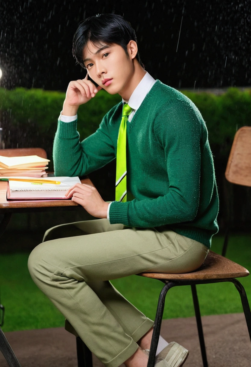Best quality)), ((masterpiece)), (detailed), 1 hot and handsome but tall asian boy with milky white skin tone, light brown but black hair, light pink lips, wearing green half sweater with green tie with ash colored pant and sitting on chair and doing homework full body pic from right shoulder side in night scenerio raining heavily outside