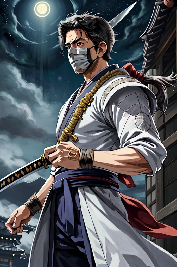 Highest quality，High resolution， (((Moonlight Mask))) ，((Shinzo Abe)) ，Fist of the North Star，One person，warrior，（white_coat），turbaned，mask，kimono，male，Middle Age，One personで，strongest，Anime Style，（Night Sky_background），(Limbs)，(Full Finger)，(Accurate fingertips), (The finer details), (Super detailed)，(Japanese sword:)，4K，(high resolution)，whole body, (Front angle), Looking at the camera,masterpiece，(Subtle details)，(Intricate details)，Octane Rendering，(Hyper Detail)，