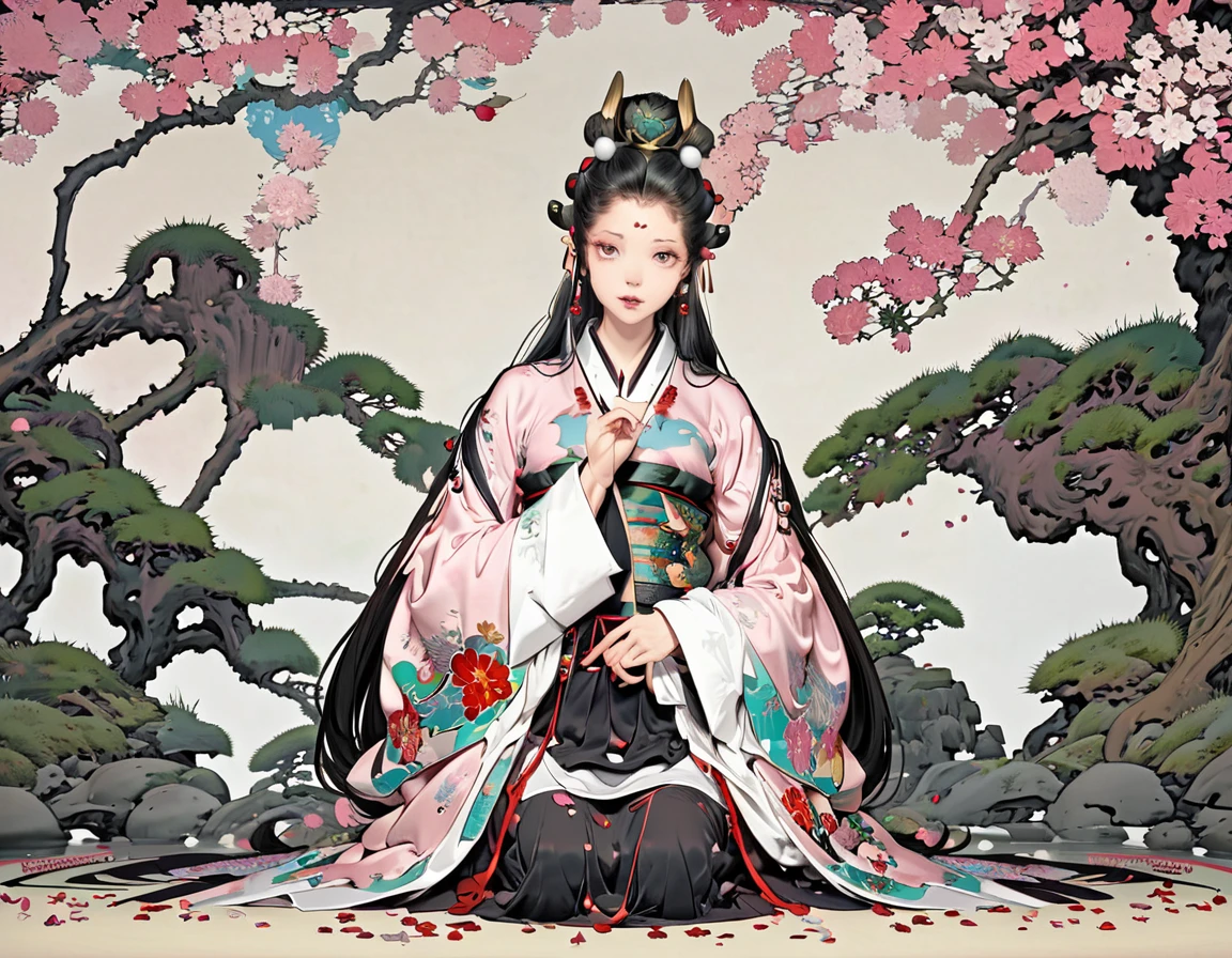 A picture of a woman in a kimono sitting on the floor in seiza position,Pale Bluecon Pink,Glossy black straight hair down to her waist,Place your hands together at your stomach.,palace,She is wearing a twelve-layered kimono, Heian picture scroll style, Beautiful artwork,Beautiful art,sakura petals around her,8k,Flowing cherry-colored silk