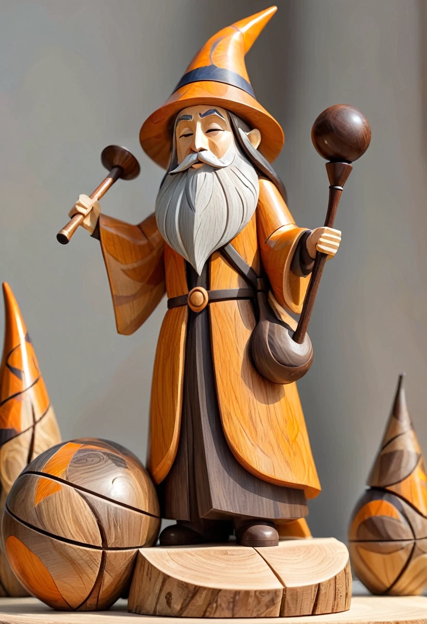 (Minimalist:3),(angular, wood block.),3D,wooden ornaments,modern art,(simple structure:3),polished,(log color:2),wooden sculpture,wooden decoration,(handmade:2),three-dimensional,lovely,woodwork,
There is a wizard figurine holding a wand and ball,a cute and interesting wooden figurine,wooden art toys,art toy collection figurine,3D clay figurine,antacid character,male wizard,wizard holding a cage,sad wizard,wizard smoking pipe,wooden art toy on the base,