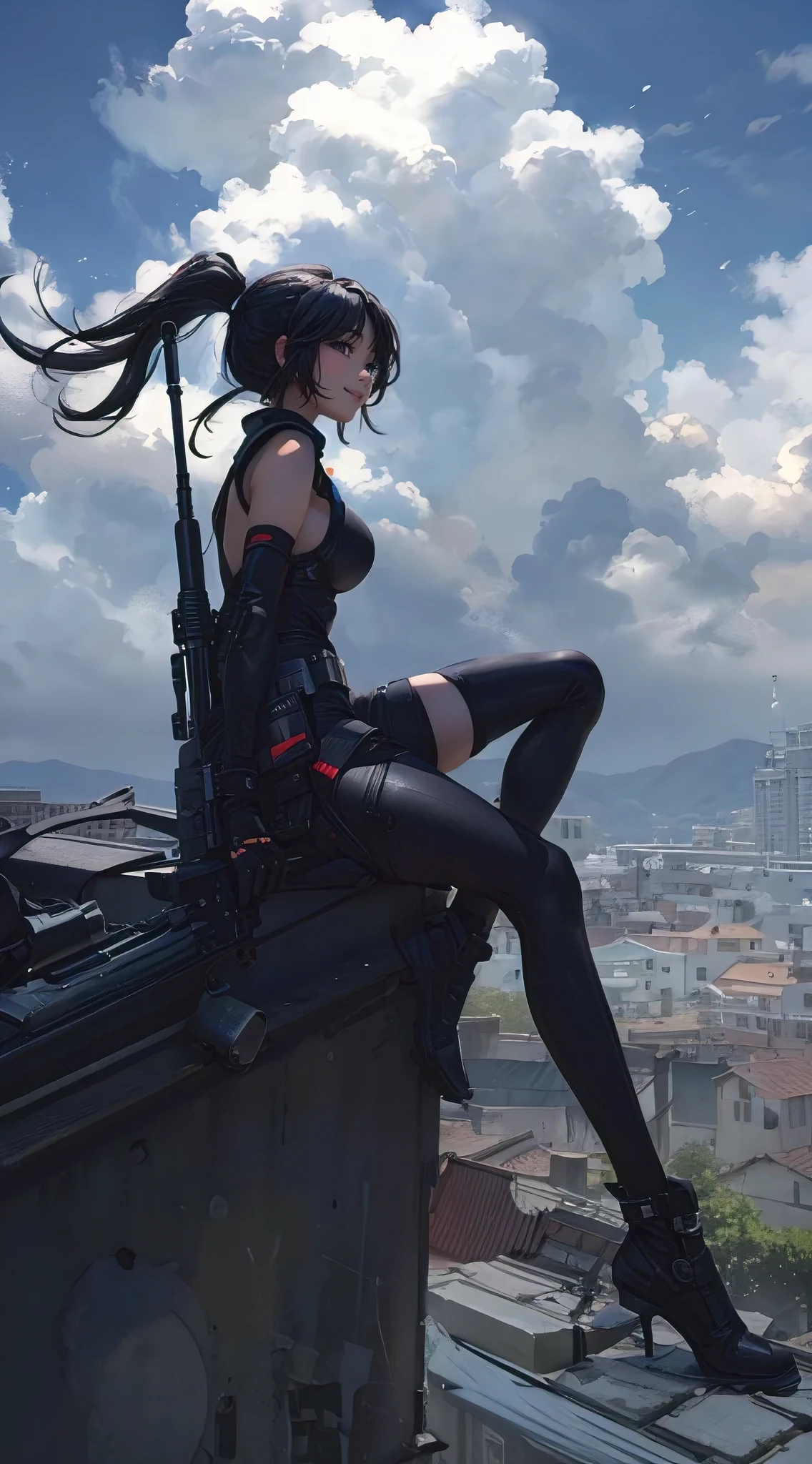A woman with attractive, generous curves, (huge breasts:1.3), standing on a roof with a sniper rifle, surveilling from a vantage point, a perfect illustration, highly detailed, photorealistic, 8k, masterpiece, cinematic lighting, dramatic shadows, vibrant colors