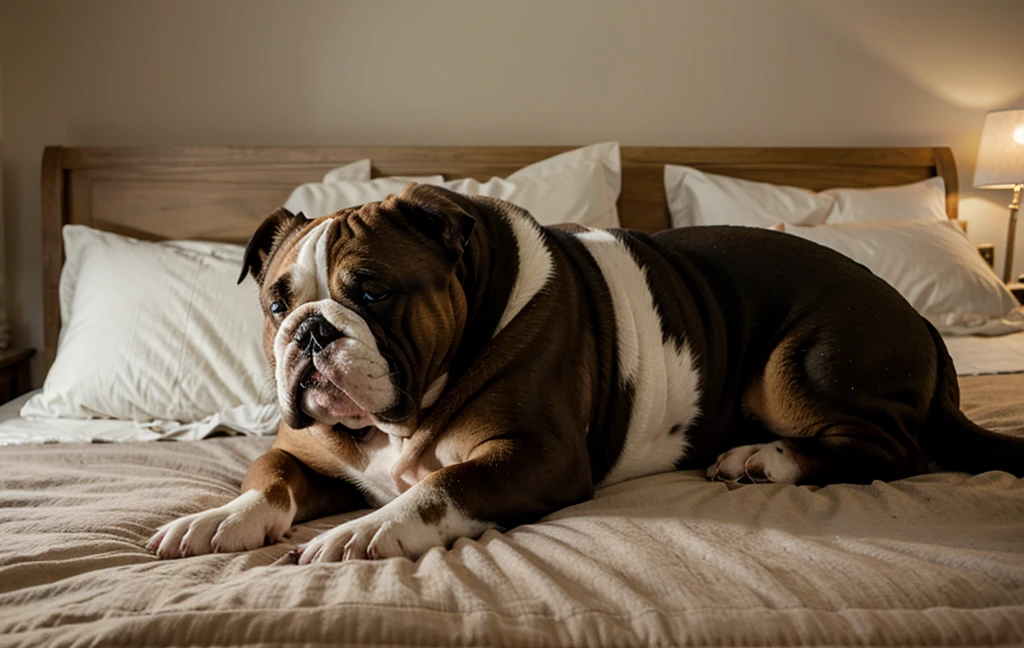 Bulldog sleeping on king size bed