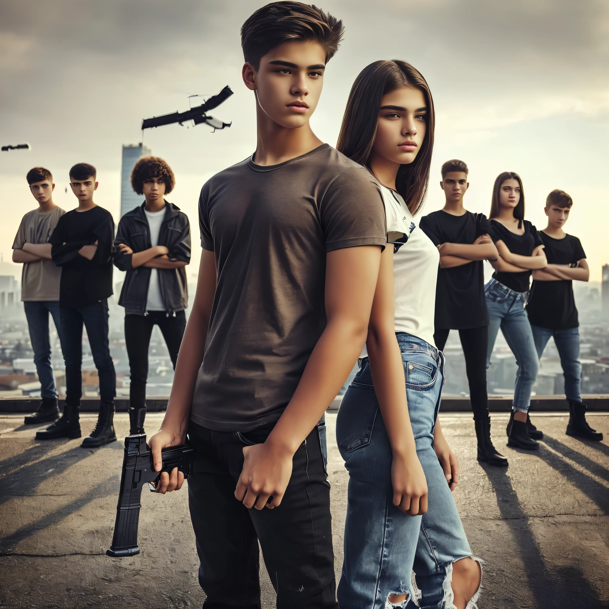 a handsome and serious 15 years old teenager, wearing t-shirt, jeans and black army boots with a New Caliber, Glock G44 in hand stands back to back with a beautiful teenage girl. A group of teenagers stands behind them. In the background, we see they’re standing on a rooftop with a city stretching behind them