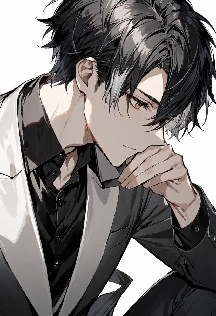 good looking, alone, 1 male, short hair, Black hair with smoky grey tips, Brown eyes, Black Shirt, Black and white suit
