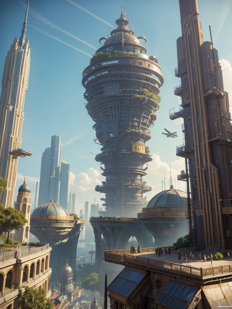 big city, flying in the sky, with many different buildings, solarpunk village, SolarPunk Architecture, sunny punk city, futuristic utopia in solar punk, inspired by Stéphane Martiniere, inspired by Stéphane Martiniere, красочный научно-фантастический steampunk, Solarpunk utopia, steampunk, концепт-арт в стиле steampunk, fantasy architecture, solar punk metropolis