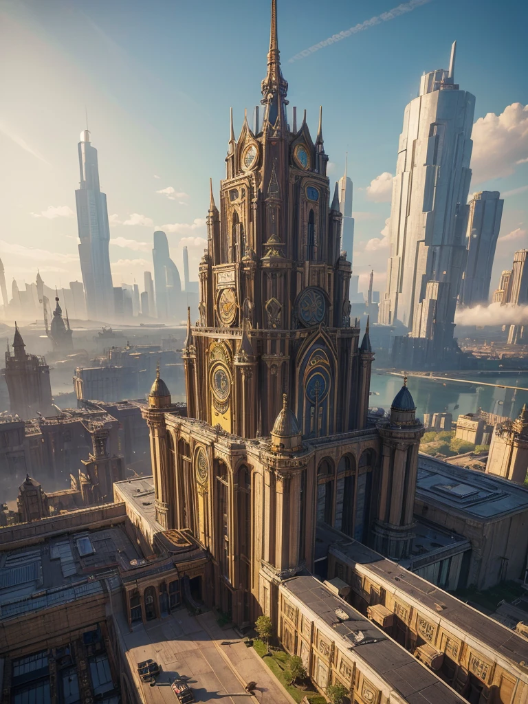 big city, flying in the sky, with many different buildings, solarpunk village, SolarPunk Architecture, sunny punk city, futuristic utopia in solar punk, inspired by Stéphane Martiniere, inspired by Stéphane Martiniere, красочный научно-фантастический steampunk, Solarpunk utopia, steampunk, концепт-арт в стиле steampunk, fantasy architecture, solar punk metropolis