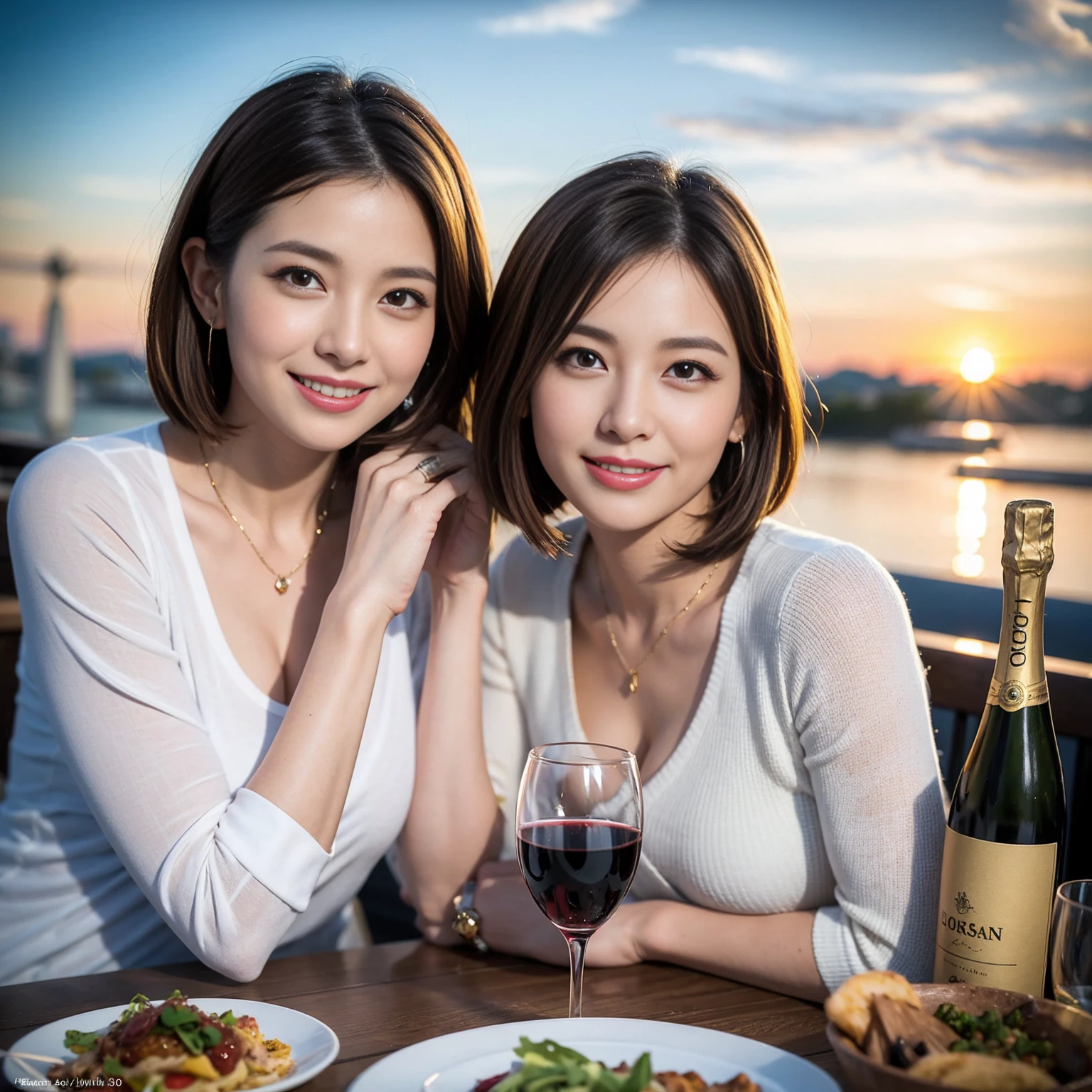 (Realistic:1.1),(masterpiece,Highest quality),8k,(36 years old), 42 years old, slimカップル、Model Couple、Actress/Actor、Tight waist,Upper Body,full-course dinner、wine 、Amazing view of the sunset sky and clouds、Perfect Anatomy, Brown Hair, Short Hair,Random Hairstyles,((Highly detailed face and eyes:1.2))(cute顔:1.4),Beautiful actress face,Perfect golden ratio face,Long sleeve shirt、dress,(smile:1.2)、Shortcuts、cute、(Realistic, Intricate details:1.2), A bright smile、short hair,Bright Face、赤wine 、Appetizers、Italian food、wine bottle、Champagne、スパークリングwine、(slimな顔), (The body is slim), (Brown Hair), (Shortcuts), Upper Body, 白wine, slim, wineグラス,