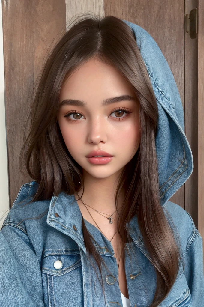 a close up of a woman wearing a denim jacket and a necklace, portrait sophie mudd, gorgeous young model, isabela moner, gorgeous latina face, flawless olive skin, photo of a beautiful woman, cute young woman, beautiful young girl, very beautiful young woman, gorgeous attractive face, beautiful young face, madison beer girl portrait, extremely beautiful face, beautiful young woman
