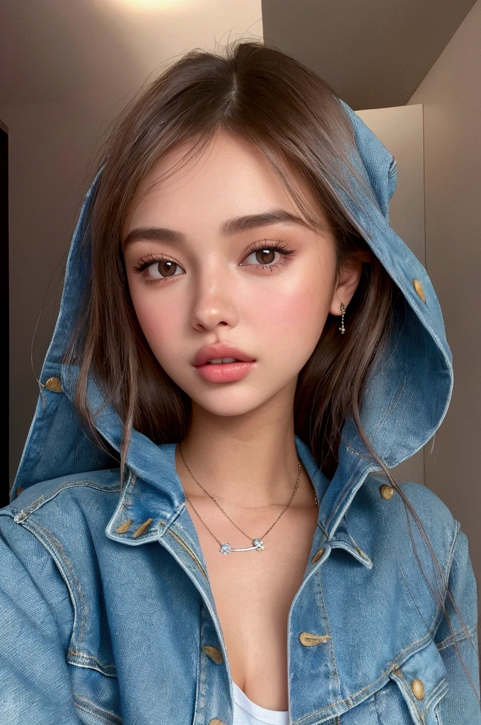 a close up of a woman wearing a denim jacket and a necklace, portrait sophie mudd, gorgeous young model, isabela moner, gorgeous latina face, flawless olive skin, photo of a beautiful woman, cute young woman, beautiful young girl, very beautiful young woman, gorgeous attractive face, beautiful young face, madison beer girl portrait, extremely beautiful face, beautiful young woman