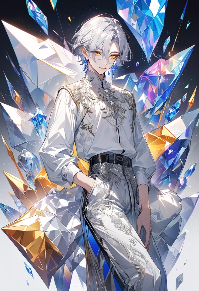 Character Design, Polygonal Painting of the same person, Polygonal Painting, Theme color: Purple, Best image quality, boy, Tall and thin, Long legs, good looking, White skin, Black and white clothes, Silver embroidery on trousers, Crystal Earrings, Long Earrings, short hair, Thoughtful, intellectual, beautiful, Detailed face, beautiful eyes, beautiful lips, Yellow Eyes, Detailed clothing, Many fine details, smile, Pure white on background, Simple Background, Bright colors, Bright Eyes, Men&#39;s Black Patent Leather Shoes, Silver Cufflinks, Thin silver chain on trousers, Detailed face, super Detailed face, high quality, Very detailed, (Male characters:1.2), (boy:1.2), ((Character Design)),(Different expressions of the same character:0.8), Genitals clear, Hyper HD, Exquisite, Theme color: Purple