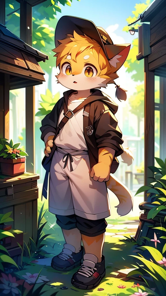 A cartoon style painting,In the picture, a kitten wearing a hat excitedly tells his parents about the box,Mom and Dad widened their eyes,looks surprised。, Cat boy, Cute cat, Anthropomorphic cats, Hot topics on artstation pixiv, Full body high-grade white, High-quality anime art style, High resolution cargo, Anthropomorphic cats, High Quality Fan Art, Anthropomorphic cyberpunk kitten:tall and big, daytime,Bright environment