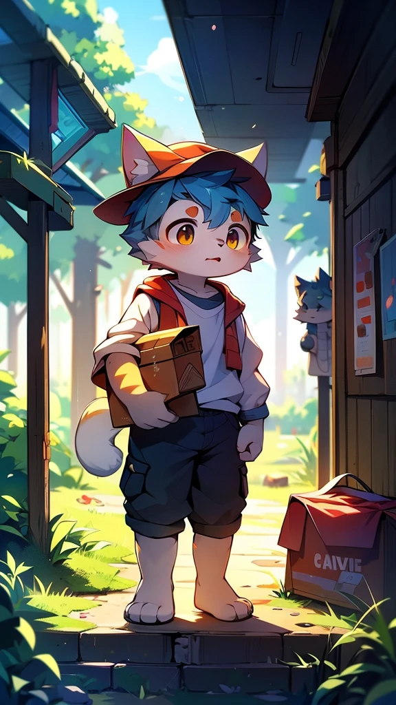 A cartoon style painting,In the picture, a kitten wearing a hat excitedly tells his parents about the box,Mom and Dad widened their eyes,looks surprised。, Cat boy, Cute cat, Anthropomorphic cats, Hot topics on artstation pixiv, Full body high-grade white, High-quality anime art style, High resolution cargo, Anthropomorphic cats, High Quality Fan Art, Anthropomorphic cyberpunk kitten:tall and big, daytime,Bright environment