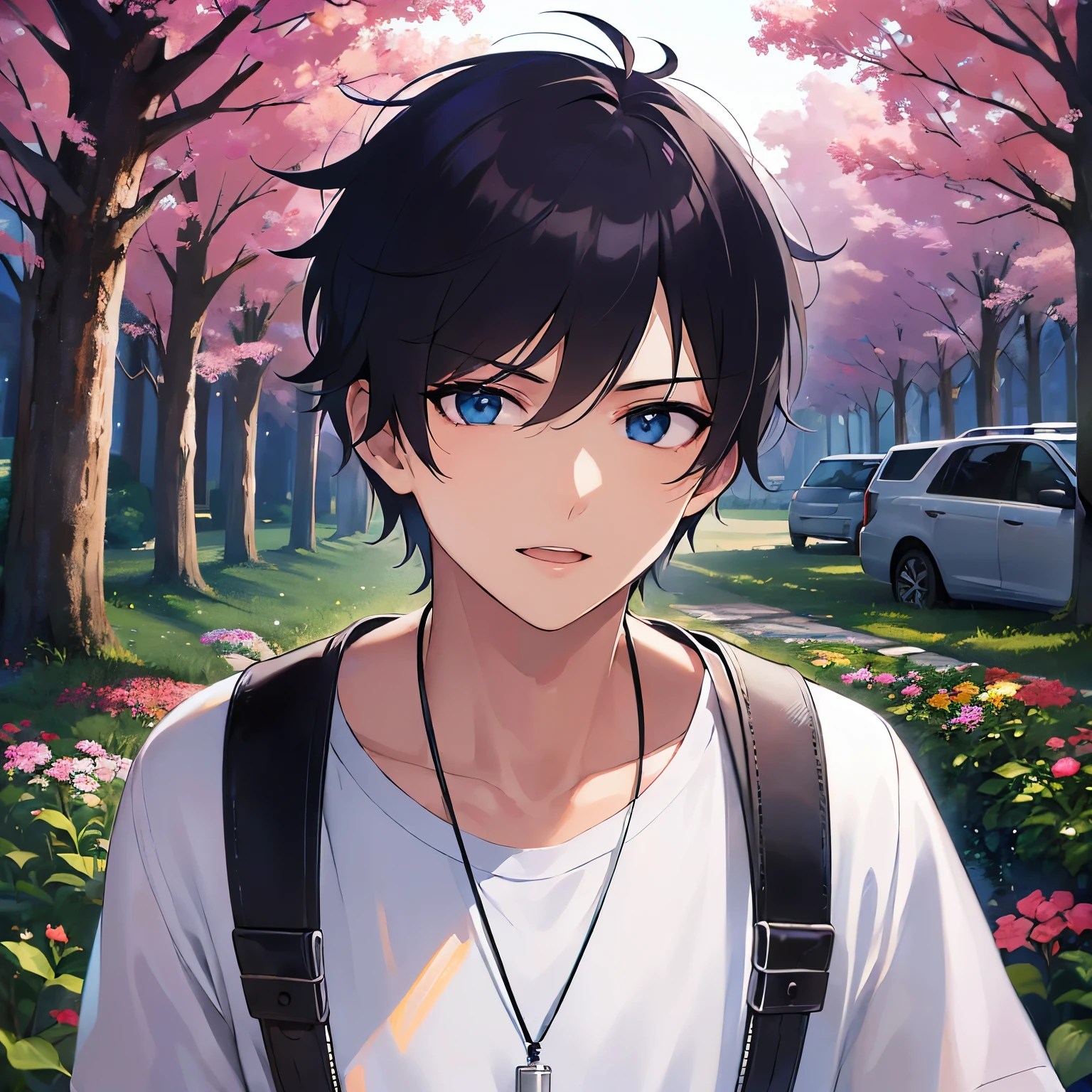 (25-year-old male:1.5) and (Black short hair) and (blue eyes) (black) and (T-Shirts),(looking at viewer:1.5),upper body、shiny skin, masterpiece、Highest quality、,serious、open mouth, (Night Park:1.5)、(Night Sky:1.5)、(grass:1.3),(alone:1.5)