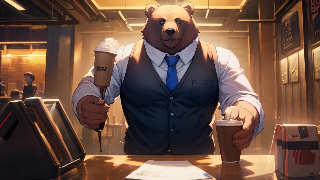 Cartoon Bear、Anthropomorphic Bear、Big body、Black vest、shirt、tie、Pouring coffee, Coffee shop, Surrealism, UHD, accurate, super detail, best quality, highres, 8k