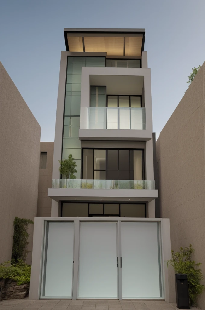 modern villa on street, (daylight), tropical tree, green shrub and plants, vivid color, streetcapes, minimalist design, brigth grey tone, (large glass door:1.2), warm interior lighting, modern material, best quality, ultra realistic, masterpiece, 
