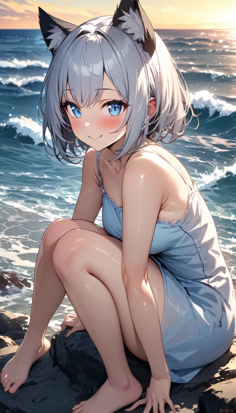 (((best quality)), ((masterpiece)), (details), masterpiece, best quality, high quality, ulutra detailed, perfect face, ((1girl, blue eyes, cat ears: 1.3 silver bob hair: 2.5,)) 、Shiny Hair、Glowing Skin、blush、Lustful look、Side Angle、Ocean岸、Ocean、evening、Sitting on the shore、Put your face on your knees、View here、Camisole dress、barefoot、smile