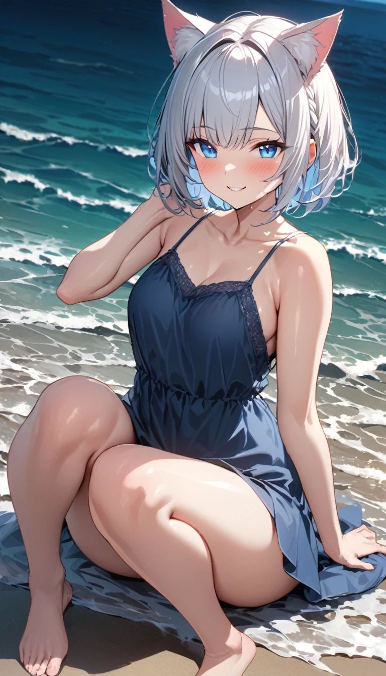 (((best quality)), ((masterpiece)), (details), masterpiece, best quality, high quality, ulutra detailed, perfect face, ((1girl, blue eyes, cat ears: 1.3 silver bob hair: 2.5,)) 、Shiny Hair、Glowing Skin、blush、Lustful look、Side Angle、Ocean岸、Ocean、evening、Sitting on the shore、Put your face on your knees、View here、Camisole dress、barefoot、smile