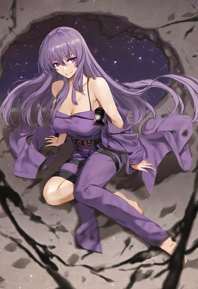 Athena,Purple one-way slightly messy long hair,Purple Eyes,Purple jumpsuit,But the jumpsuit is sexy,Wearing a sexy purple trench coat,Yandere,Female Love,barefoot,A black hole in the universe,Purple and black black hole,Draw a good look,Normal body proportions