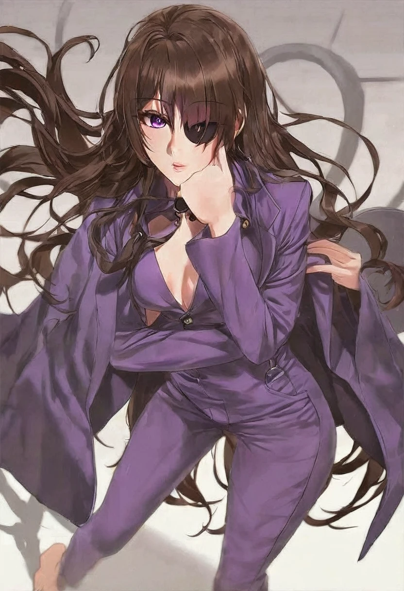 Athena，Purple one-way slightly messy long hair，Purple Eyes，Purple jumpsuit，But the jumpsuit is sexy，Wearing a sexy purple trench coat，Yandere，Female Love，barefoot，A black hole in the universe，Purple and black black hole，Draw a good look，Normal body proportions