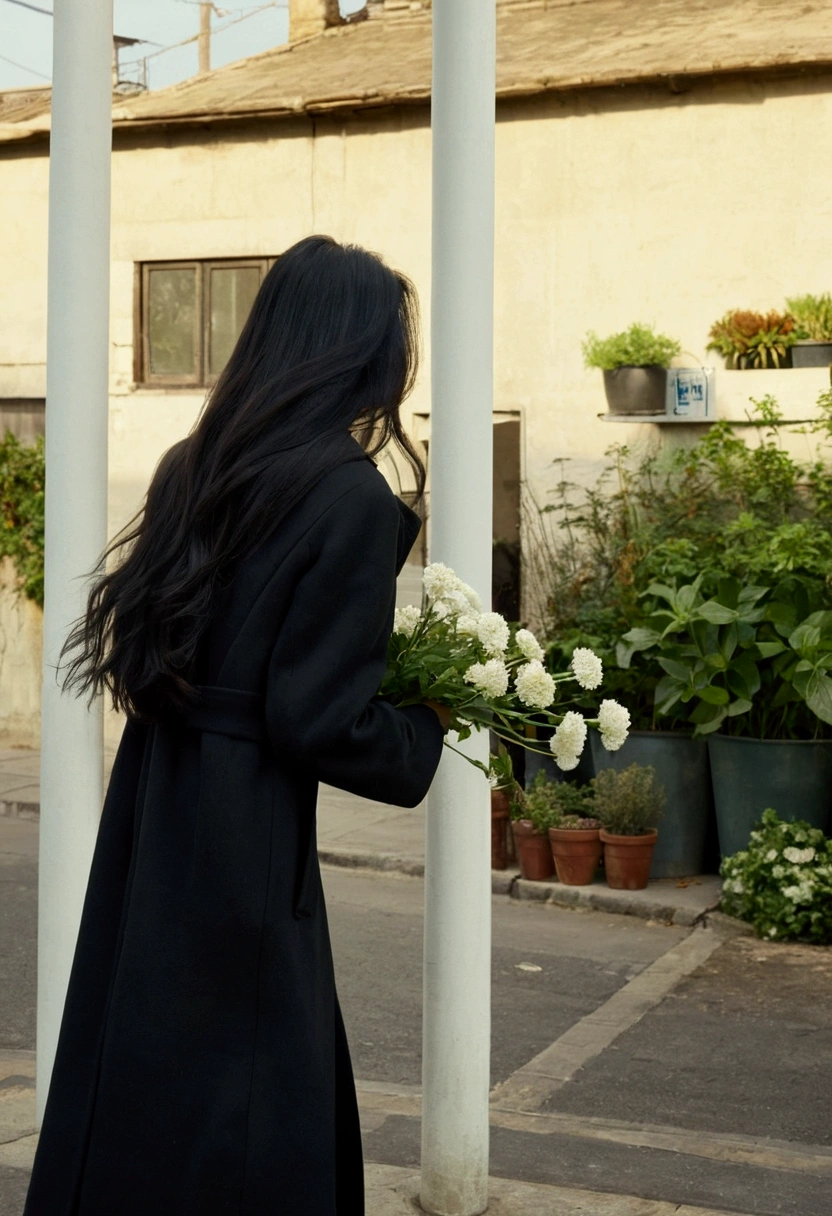 "A serene street scene with a girl wearing a long black coat and having long, flowing, long wavy black hair. The girl is standing with her back to the camera, ensuring her face is hidden. She is holding a bouquet of white flowers. The background features a mix of urban and natural elements, including potted plants, and a 'No Smoking' sign. The overall mood of the scene is calm and introspective, with a touch of autumn ambiance. The image should have the quality and feel of a photograph taken with an iPhone, showcasing clear, sharp details and natural lighting."