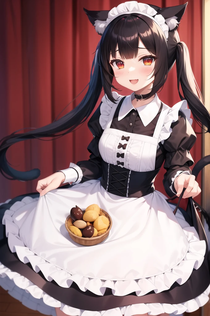rating:safe, 1girl, animal_ears, chocola_(nekopara), long_hair, twintails, cat_ears, apron, solo, open_mouth, tail, smile, cat_tail, maid_headdress, brown_hair, maid, looking_at_viewer, :d, black_dress, very_long_hair, maid_apron, dress, red_eyes, holding, frills, food