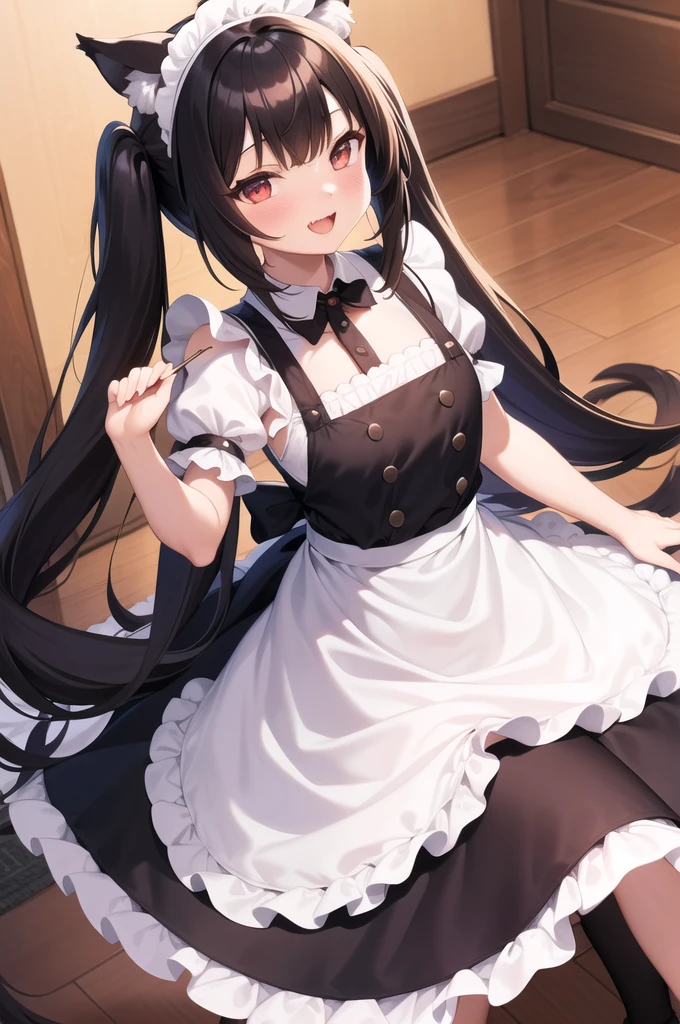 rating:safe, 1girl, animal_ears, chocola_(nekopara), long_hair, twintails, cat_ears, apron, solo, open_mouth, tail, smile, cat_tail, maid_headdress, brown_hair, maid, looking_at_viewer, :d, black_dress, very_long_hair, maid_apron, dress, red_eyes, holding, frills, food