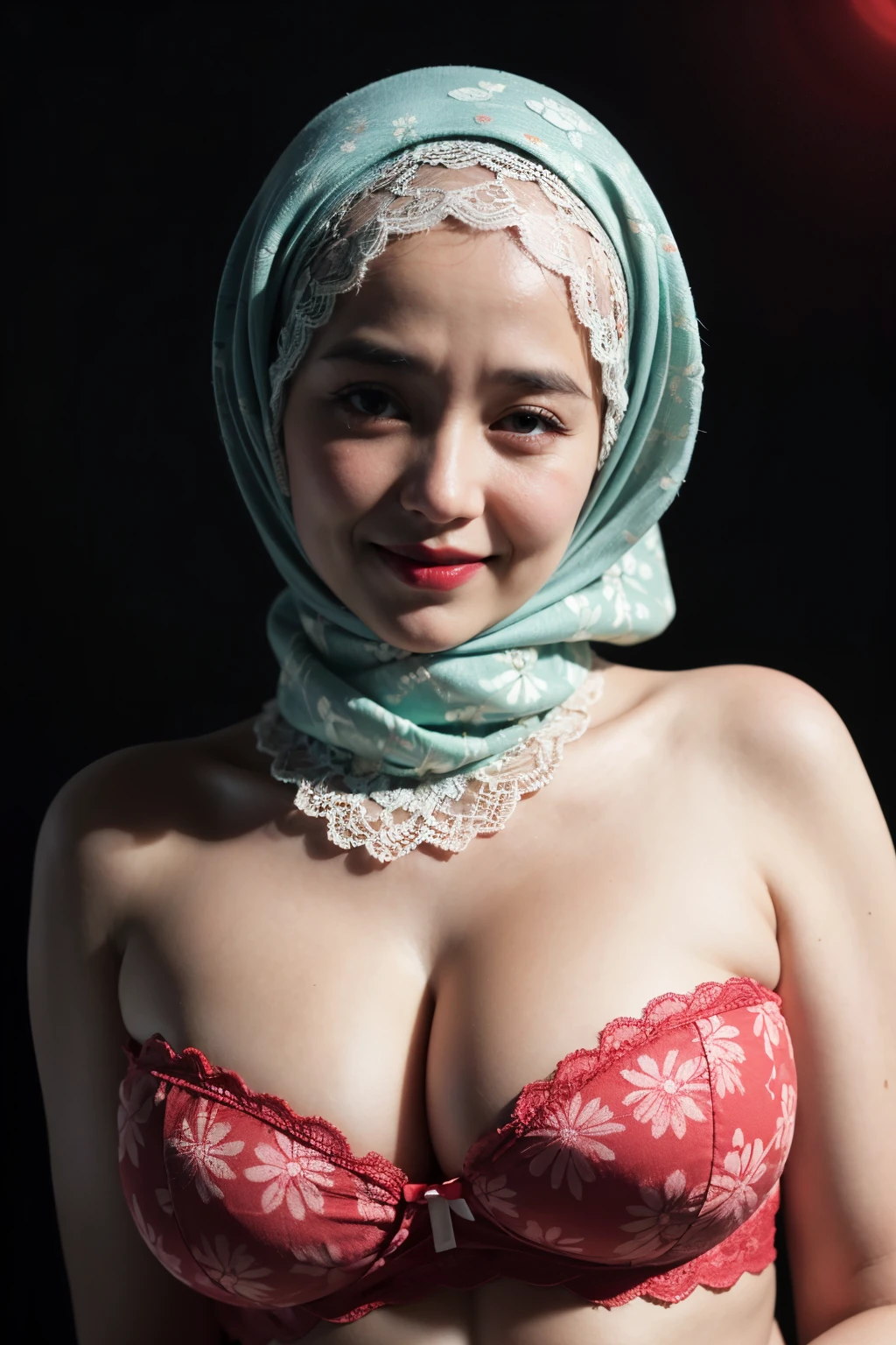 Naked Huge Nipples, HALF BODY PORTRAIT, (big breasts:1.8), (from behind up) seductive pose, ((Old lady:1.5)), (Happy smile), (((HIJAB MALAY GIRL))), masutepiece, High quality, UHD 32K, Realistic face, Realistic skin feeling , A Japanese Lady, 58 years old matured lady, (Night time at forest), ((look In front at the camera and SADNESS)), (((RED FLUORESCENT LIPS)), ((Floral Pattern)), ((wearing pastel lace strapless bra)), dark night background , black forest night, horror scary place, FAT CHUBBY PLUMPERS