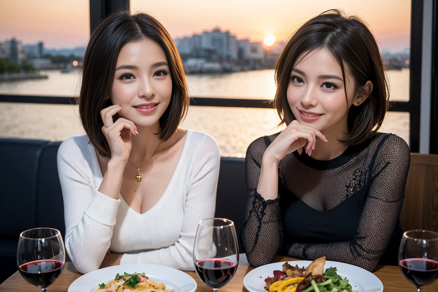 (Realistic:1.1),(masterpiece,Highest quality),8k,(38 years old), 42 years old, slimカップル、Model Couple、Actress/Actor、Tight waist,Upper Body,full-course dinner、wine 、Amazing view of the sunset sky and clouds、Perfect Anatomy, Brown Hair, Short Hair,Random Hairstyles,((Highly detailed face and eyes:1.2))(cute顔:1.4),Beautiful actress face,Perfect golden ratio face,Long sleeve shirt、dress,(smile:1.2)、Shortcuts、cute、(Realistic, Intricate details:1.2), A bright smile、short hair,Bright Face、赤wine 、Appetizers、Italian food、wine bottle、Champagne、スパークリングwine、(slimな顔), (The body is slim), (Brown Hair), (Shortcuts), Upper Body, 白wine, slim, wineグラス,