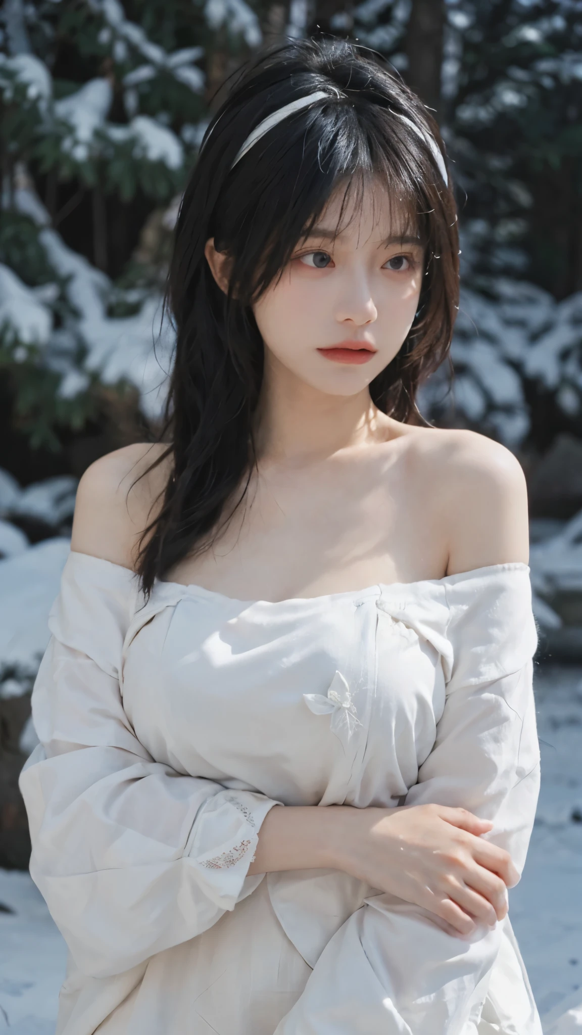 Portrait photography,1 girl,Off Shoulder,Snow Scene,Snowing background,Off Shoulder蝴蝶印花连衣裙女夏季性感辣妹收腰修身包臀裙子,Flowers,White,whole body:1.4,Lipstick,(Big Breasts:1.6),Headband,serene,calm,(Realistic and detailed eyes,Natural skin texture,Realistic facial details),