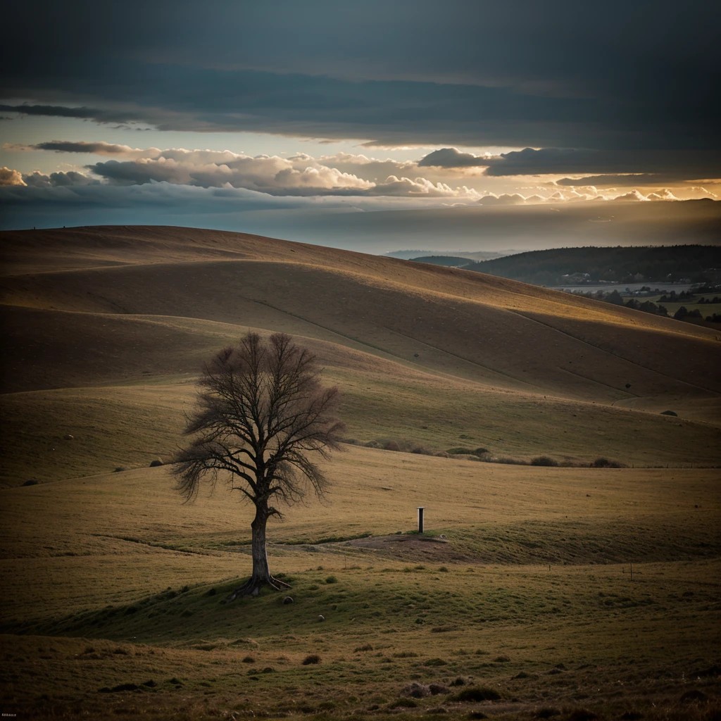 A lone tree on a hill in a bleak atmoshphere