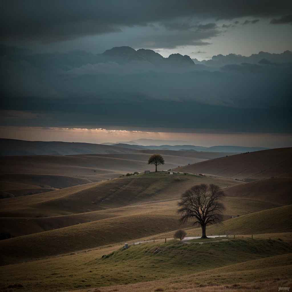 A lone tree on a hill in a bleak atmoshphere