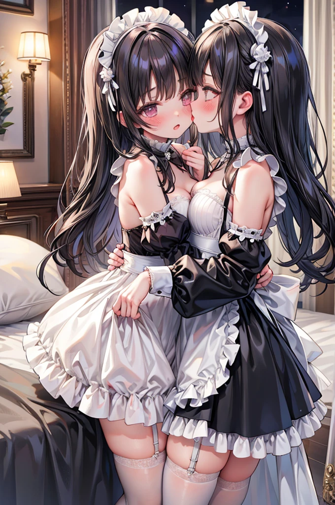 masterpiece, best quality, nsfw,
 2girl, kiss, 
 maid clothes, white panties, white garter belt, black hair, embarrassed face, 
 bedroom, night,