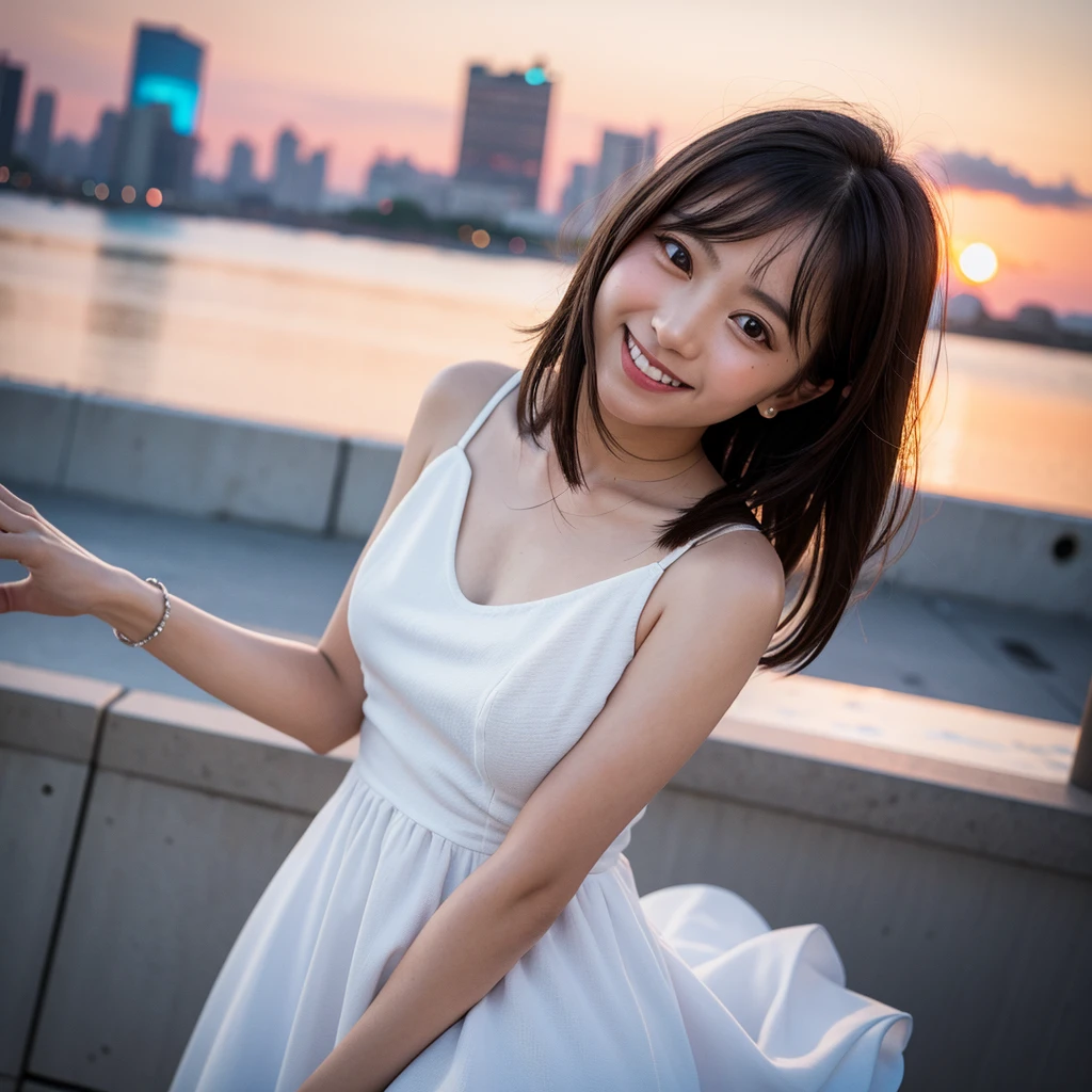 Highest quality,master piece,bloom,a girl, one girl,solo focus,bokeh,alone,full body,standing,,8k,raw photo,short brown hair,watch,big eyes,Japanese women,28 years old,healthy,maternal,positive,bright,kind,Beautiful Skin,Fair skin,Highest quality,4K,8k,masterpiece,Young and beautiful,Attractive woman,Dcup Bust、An innocent smile、smile、teeth、The background is the city、evening、sunset、White Casual Summer Dress、bracelet、one girl、one girl,one girl,very nice lady,one girl