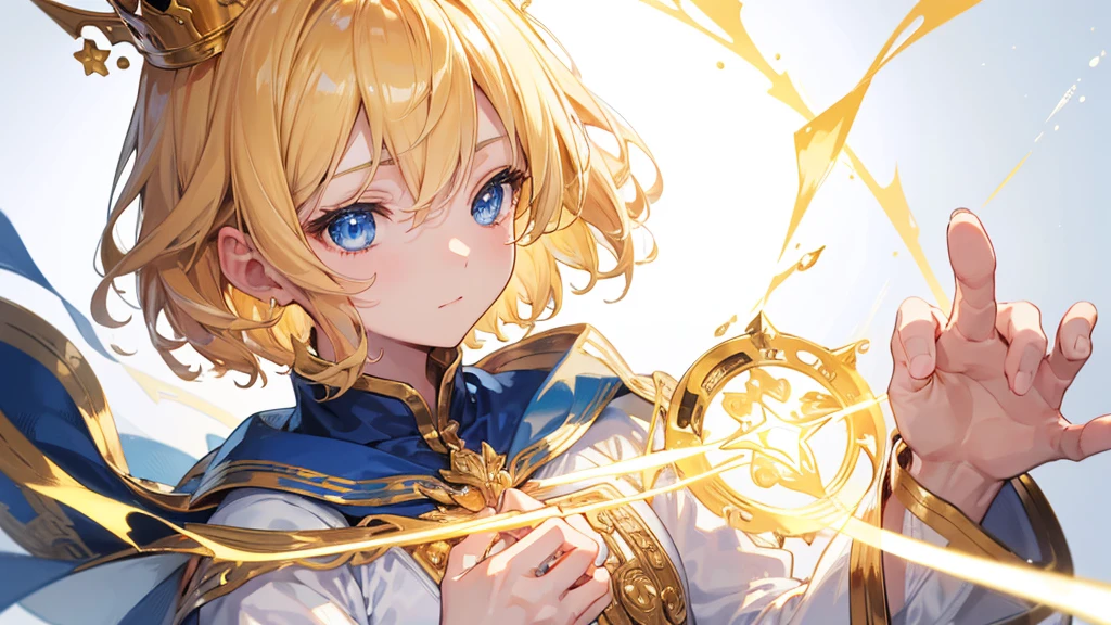 (Highest quality)　(4K)　(8k)　(High resolution)　(masterpiece:1.2)　(Super detailed)　One boy　short hair　Wizard　Blue Eyes　Long sleeve　Golden decoration　Hair between the eyes　Closed Mouth　White Dress　Wavy golden hair　Upper Body　large crown　(White Background)　(Cast a spell)　front　Face close-up