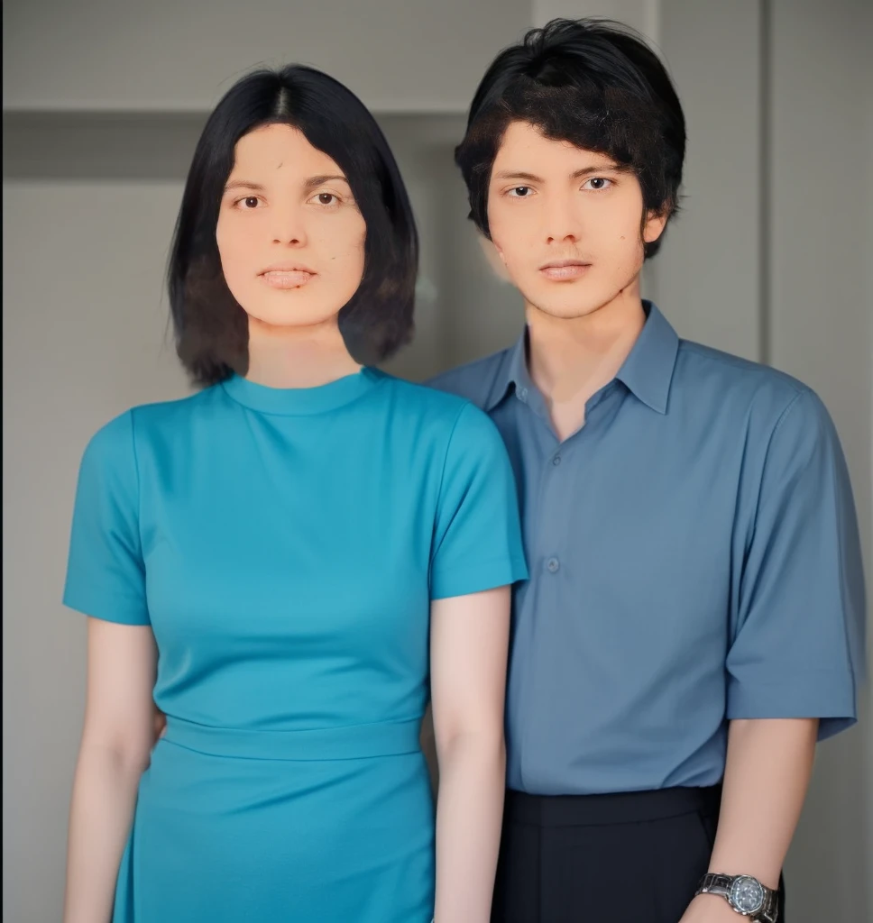 The man's shirt is light-black, his pants are black, and he has a watch on his left hand. The woman is wearing a light-purple dress, her hair is black, and she is wearing a watch on her right hand. Both are a couple. The color of the skin is pale. The floor is an old house indian cupple