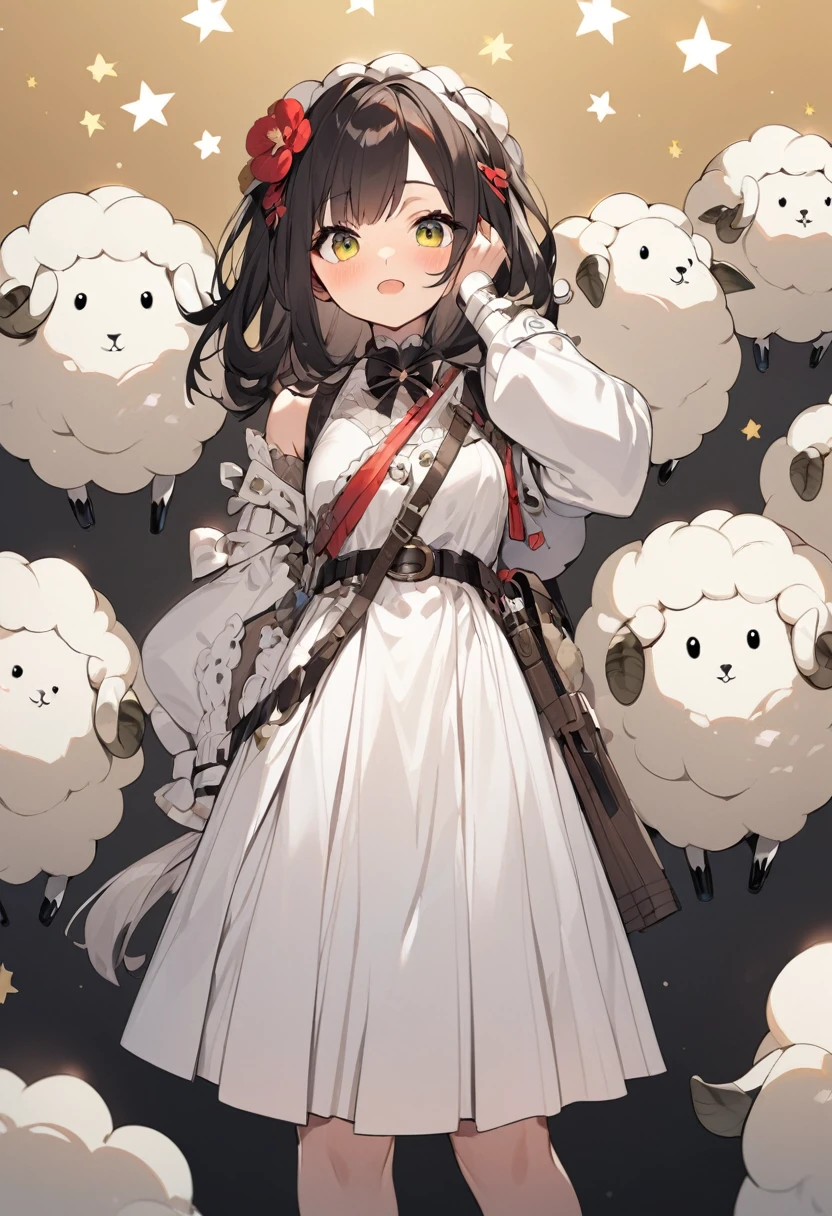 girl,sheep'Horn, Rich colors, Long white hair, red眼睛 ,eyeliner, Black transparent clothes, red, open air, Rose, night, Remains, butterfly,my same as the original, my, , (:1.2) rest, (Black long skirt), (View from below), (Place your arms behind your back), (Wild Rift), Thin dress,, 最Good quality, High resolution, Unified 8k wallpaper, (figure:0.8), (Beautiful and delicate eyes:1.6), Very detailed顔, Perfect lighting, Very detailedCG, (Perfect hands, Perfect Anatomy),,blonde,redい唇,Behave cute,Long Hair,High heels,Good quality, Absurd, Very detailed, Holographic,, Dynamic pose, Golden Ratio, 超级Lovely女孩, 成熟したgirl, Very beautiful,,Has very beautiful purple eyes, Very beautiful white hair, Glowing Skin,, Well-balanced , slender and delicate body shape,, Perfect body, (Wearing a short white top,) Lovely,Full Body Shot,Long Hair,shoes,Black Skirt, Short sleeve,Neat hair, Black gloves,,Fade out the background,Full body photo of a person,comics,T-Shirts,Eyes with highlights,Caster wheel,Long Hair到腰的位置