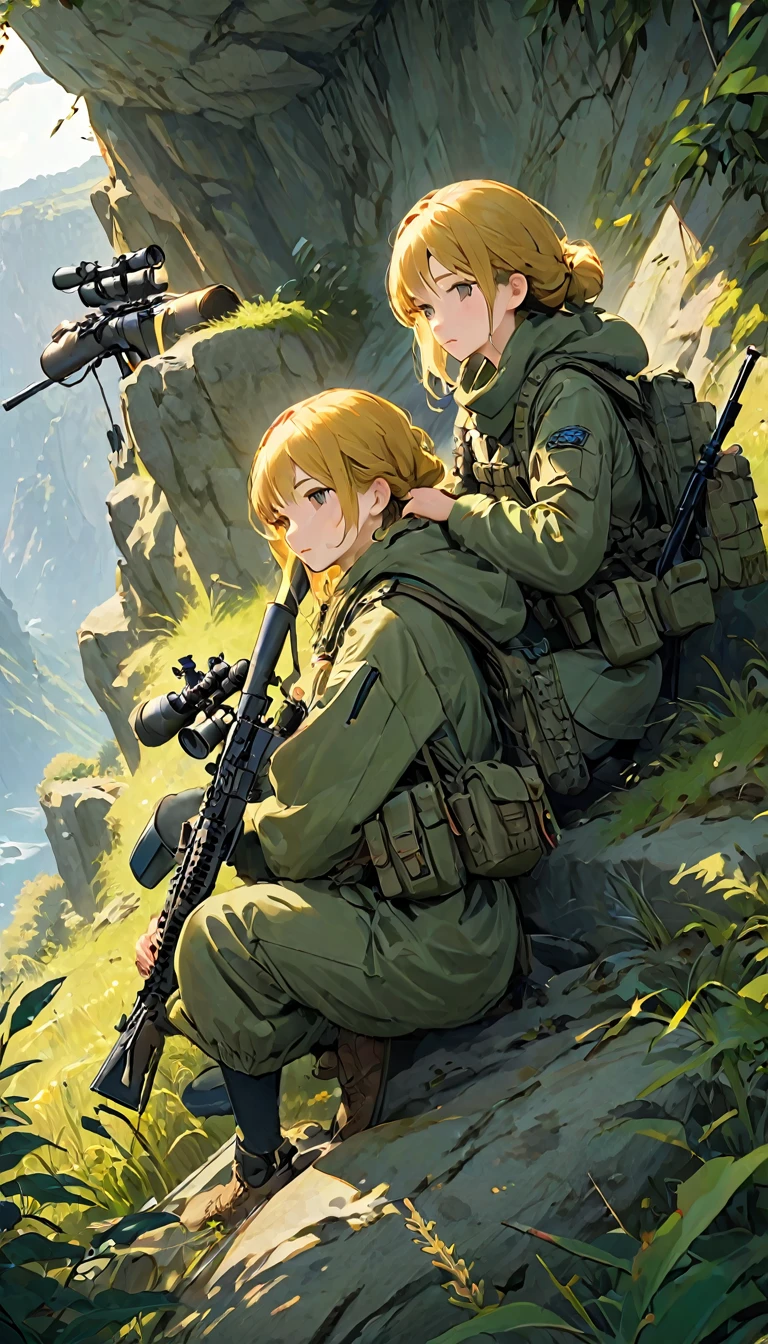 Highest quality、masterpiece、((Highly detailed CG integrated 8K wallpaper)),On top of a small cliff、(((One man and one woman:1.37)))、(((Male spotter、Female Sniper)))、Two-man Cell:1.2、Sniper and Spotter:1.2、(((Spotter observing、Sniper taking a nap)))、Ghillie Suit、