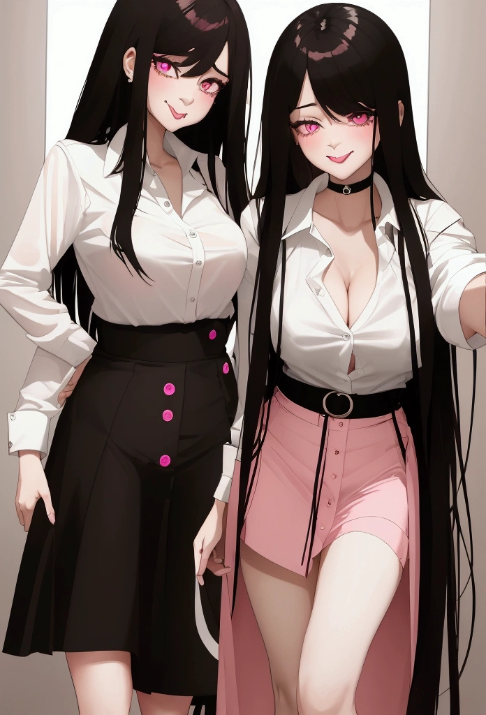 long straight non, messy black hair, neon pink skirt, white loose unbuttoned button up blouse, slender frame, brown eyes, smirk , large thick breasts, horny look in eyes, taking selfie, tongue sticking out, shirt stretching, fingering herself, show pussy, bending over, lifting up skirt